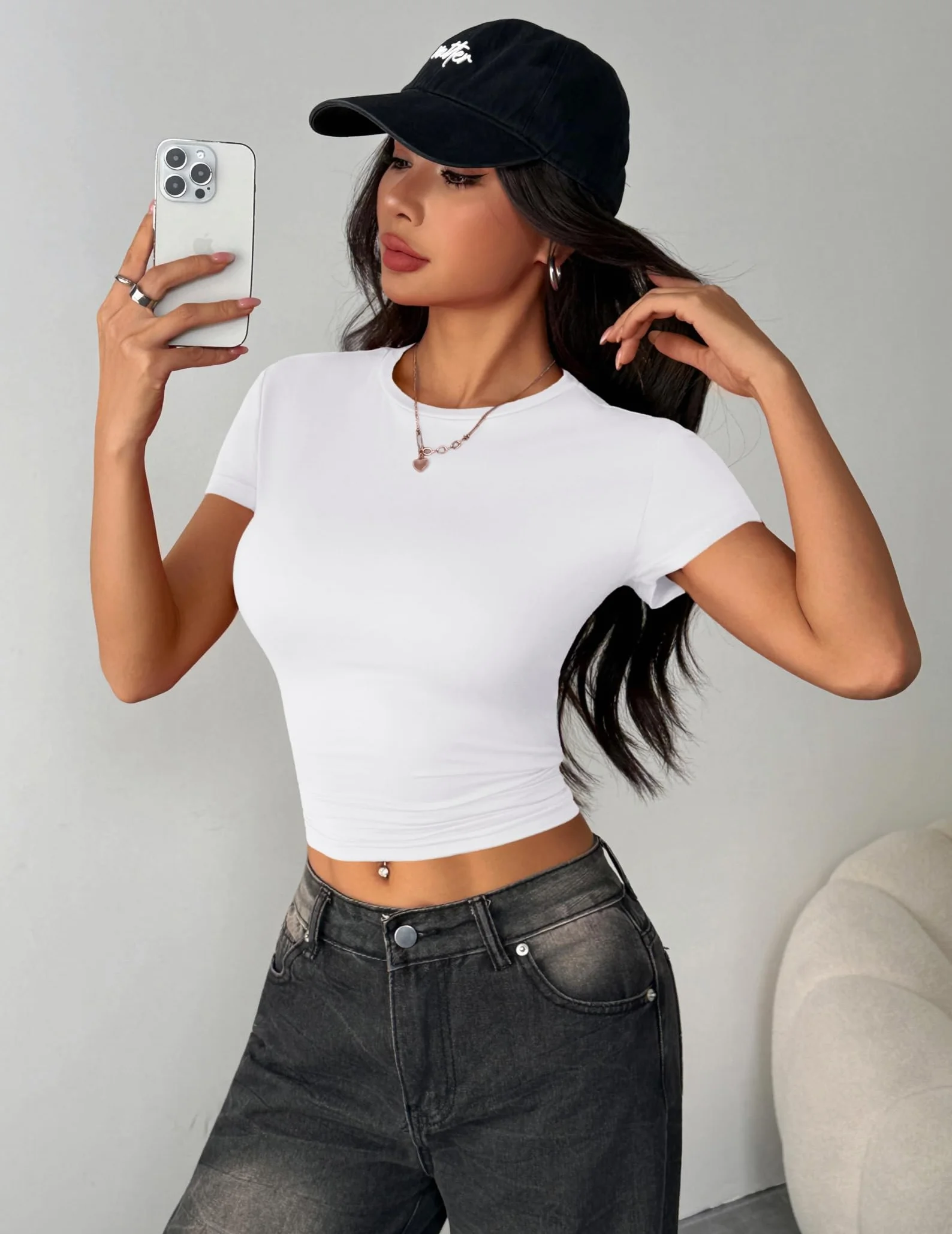 Zeagoo Camiseta Manga Corta Mujer Ajustada Basica Camisetas Cuello Redondo Corta Top Verano Sólido T Shirt Casual Elástico Tops XS-XL
