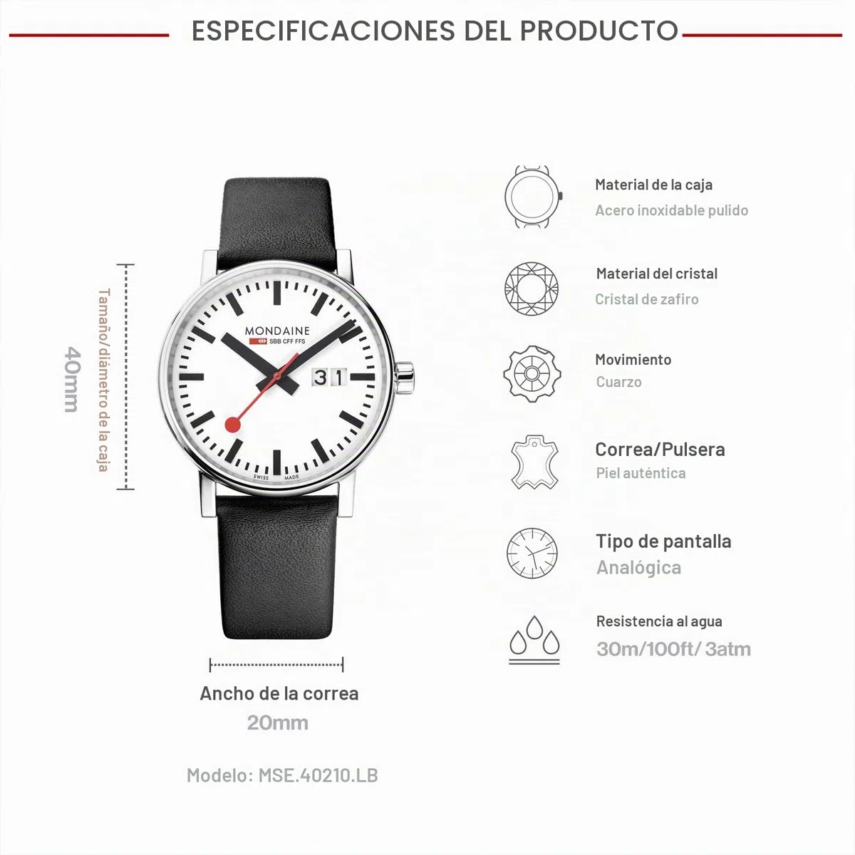 Mondaine Evo2 Reloj para Hombre Analógico de Cuarzo con Brazalete de Piel de Vaca MSE.40210.LB