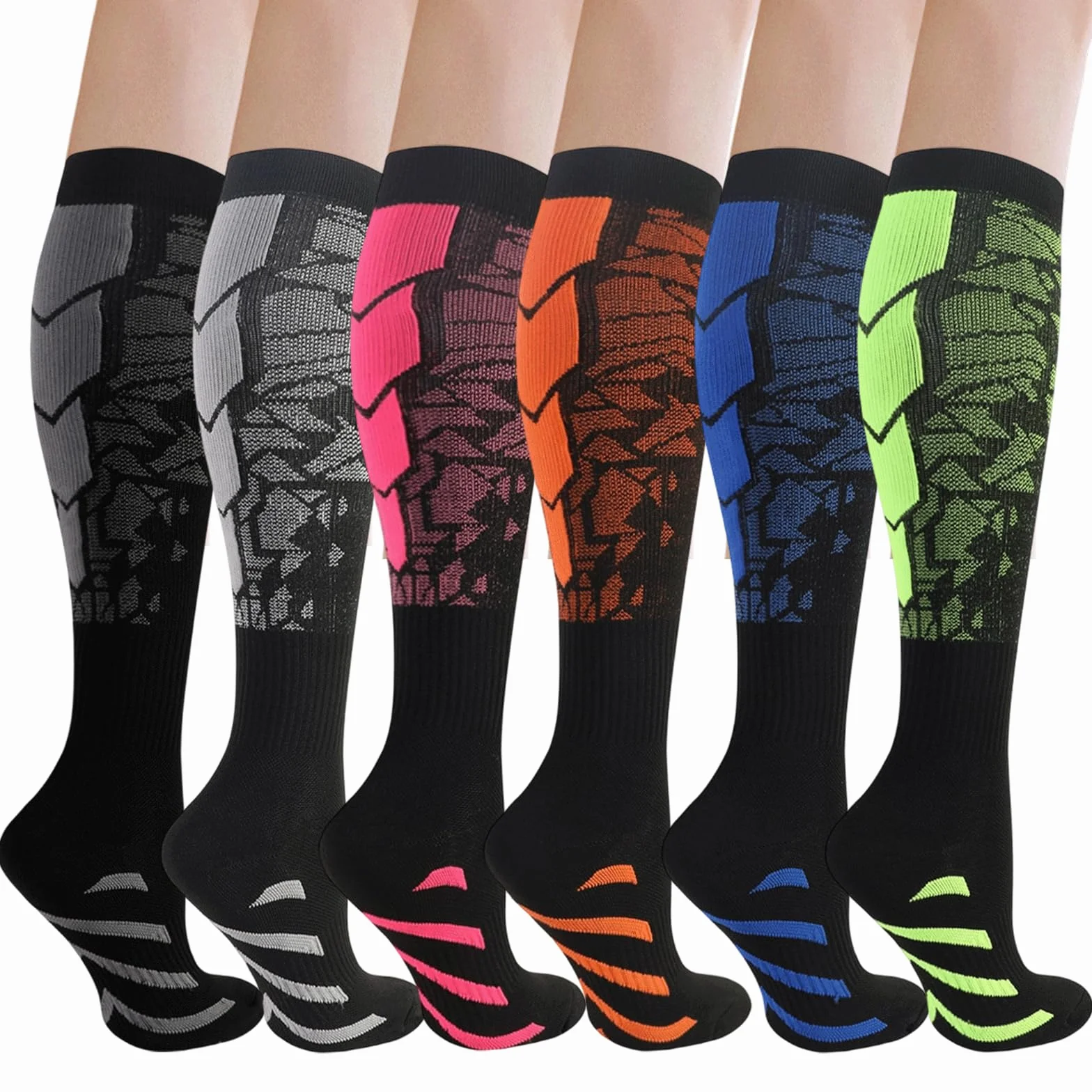6 Pares Medias de Compresión Mujer Hombre, 18-25mmHg Calcetines Compresion, Medias de Compresion Varices, Compression Socks para Deporte Running Avion Viaje Ciclismo