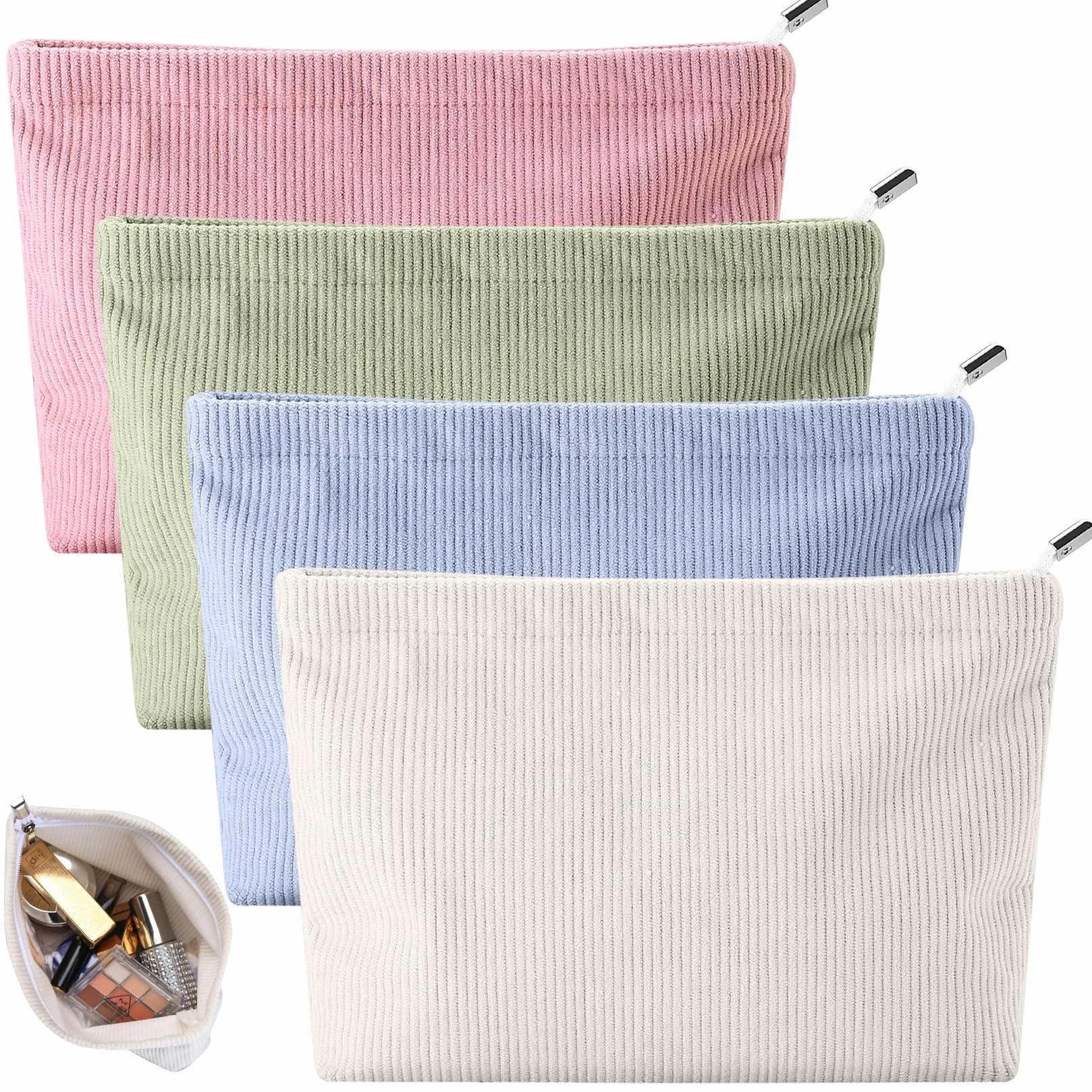 4 bolsas de cosméticos para mujer, pequeñas bolsas de maquillaje de viaje para bolso de mano, con cremallera, de pana, esencial, 10.24 x 7.48 x
