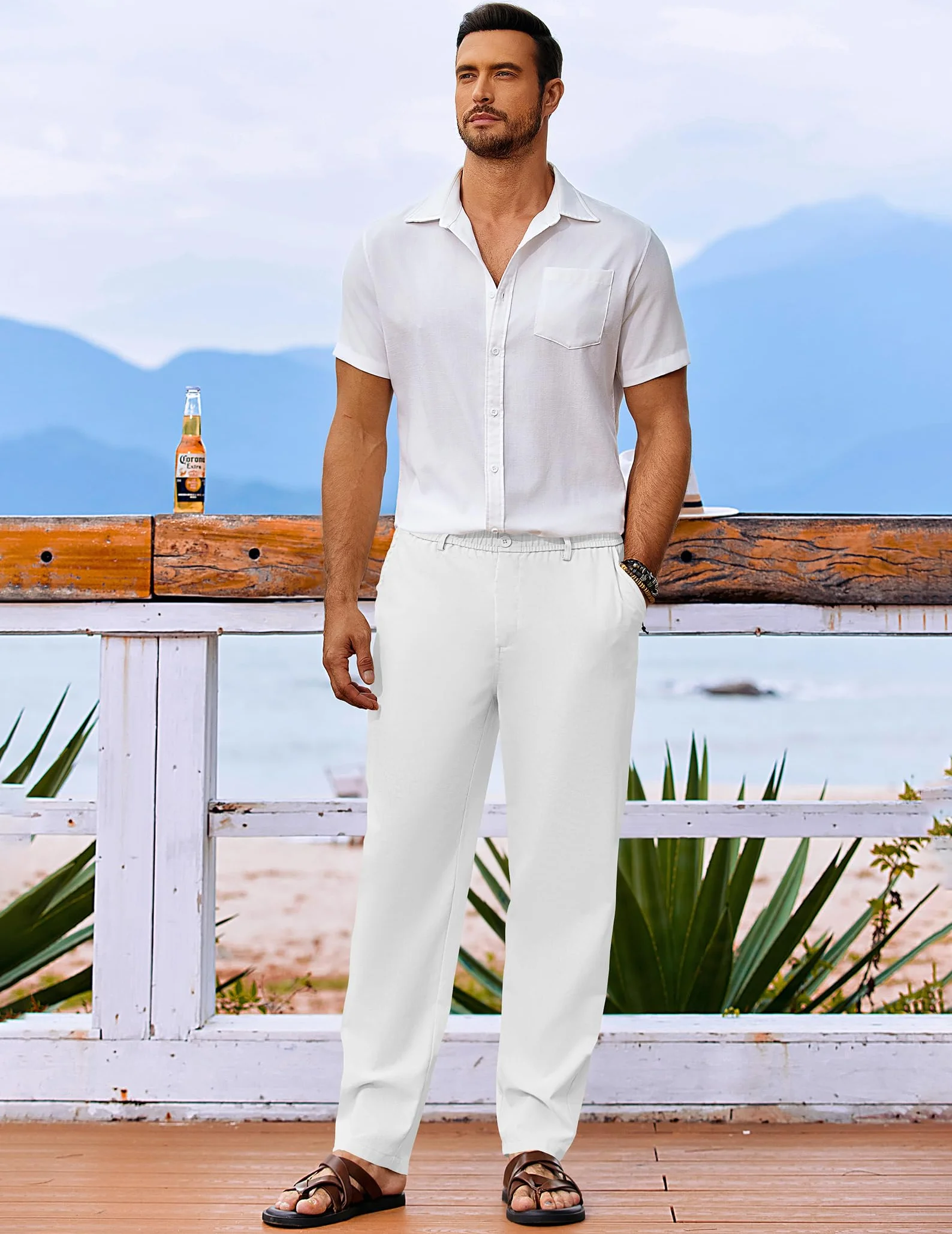 COOFANDY Pantalones Lino Hombre Pantalones Largos de Verano Ligeros con Bolsillos Cintura Elástica Cordón