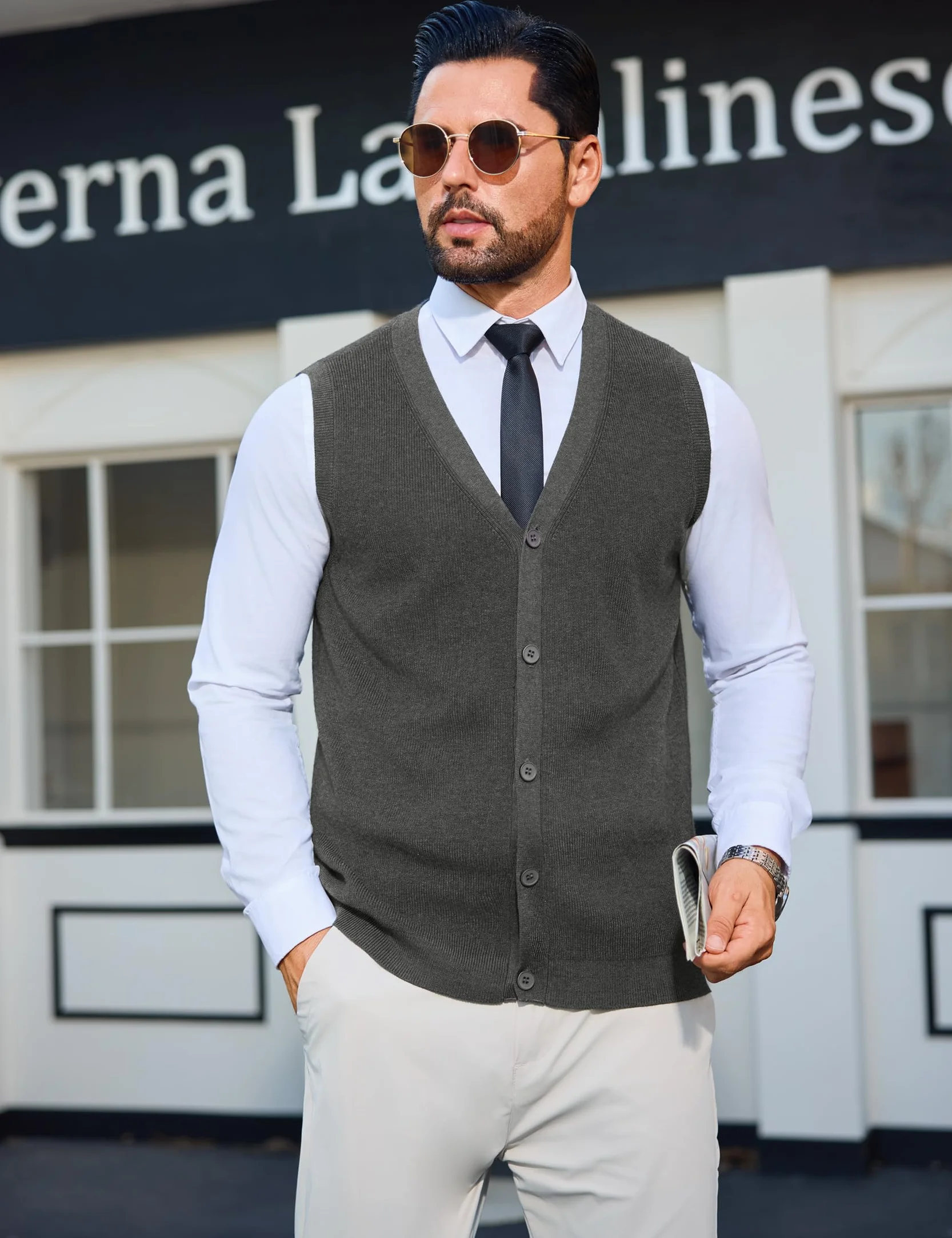 Sykooria Chaleco de Punto con Cuello en V Sin Mangas para Hombre Suéter Tejido Ligero y Elegante con Botones S-XXL