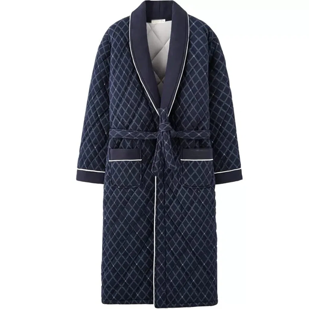 Bata de algodón Gruesa y cálida de Invierno para Hombre, Pijama a Rayas de Manga Larga, Kimono Informal Suelto para Hombre