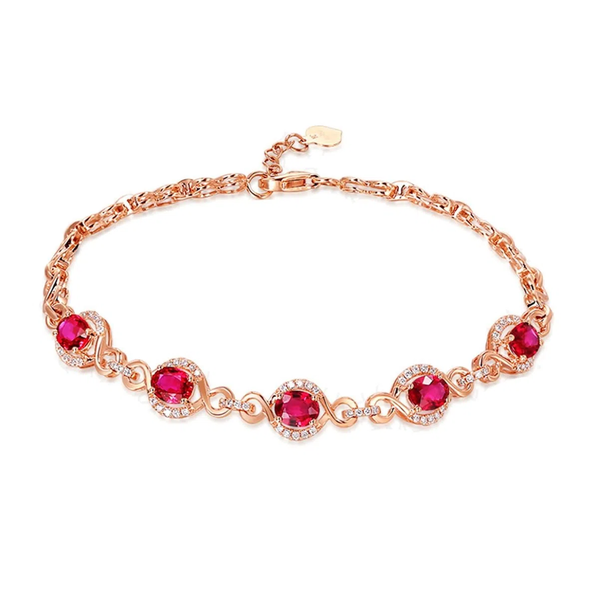 Pulseras de Mujer Oro Rosa 9Kt / 14Kt / 18Kt, Oval con Rubí y Diamante, Cadena Extensible 16 CM + 5 CM, Pulsera de Mujer de Oro Rosa