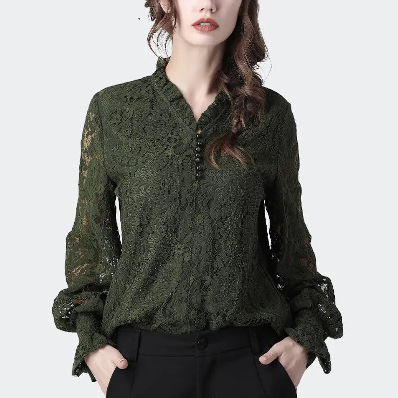 Blusas de Encaje Floral para Mujer Blusas de Malla de Manga Larga ahuecadas Blusa Holgada con Cuello en V con Volantes para Mujer Blusa Coreana de otoño (Negro XL)