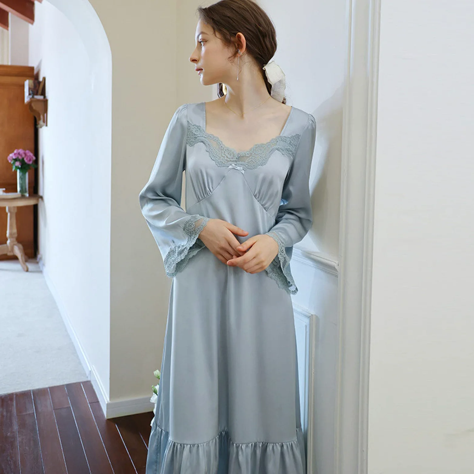 OFFSUM Camisón De Pijama De Mujer - Sexy Encaje Cuello Cuadrado Camisón Vintage Elegante Estilo Palaciego Camisón Primavera Verano Satén Ropa De Dormir Vestido Ropa
