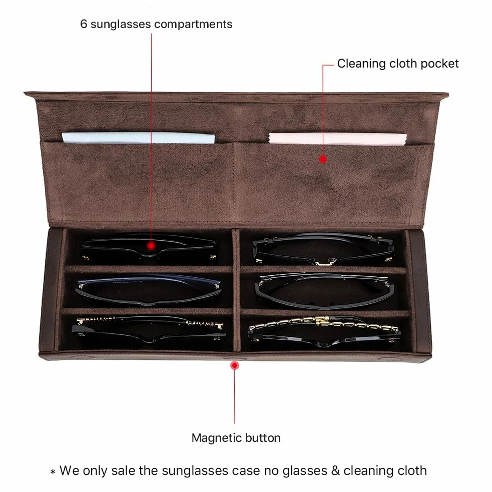 Contacts Caja de almacenamiento de gafas de cuero para hombres y mujeres, soporte para 2/4 lentes de sol, estuche de viaje, organizador de gafas con forro de microfibra y ranura para paño de limpieza