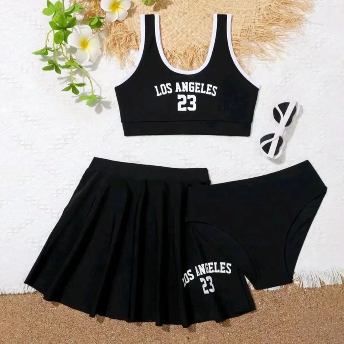 Traje de baño para niña de 3 piezas de bikini de playa para niñas con pantalones, juego de ropa de baño informal de verano