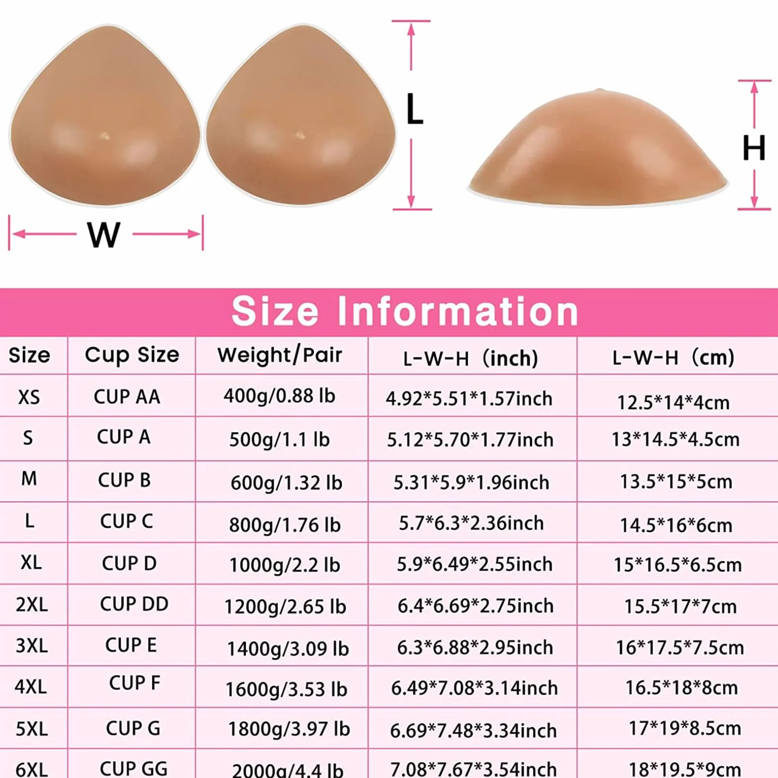 Prótesis Mamarias De Silicona Rellenos para Sujetadores Triangulares Autoadhesivos para Mastectomía Personas Transgénero Y Cosplay(1200g/pair, Suntan)