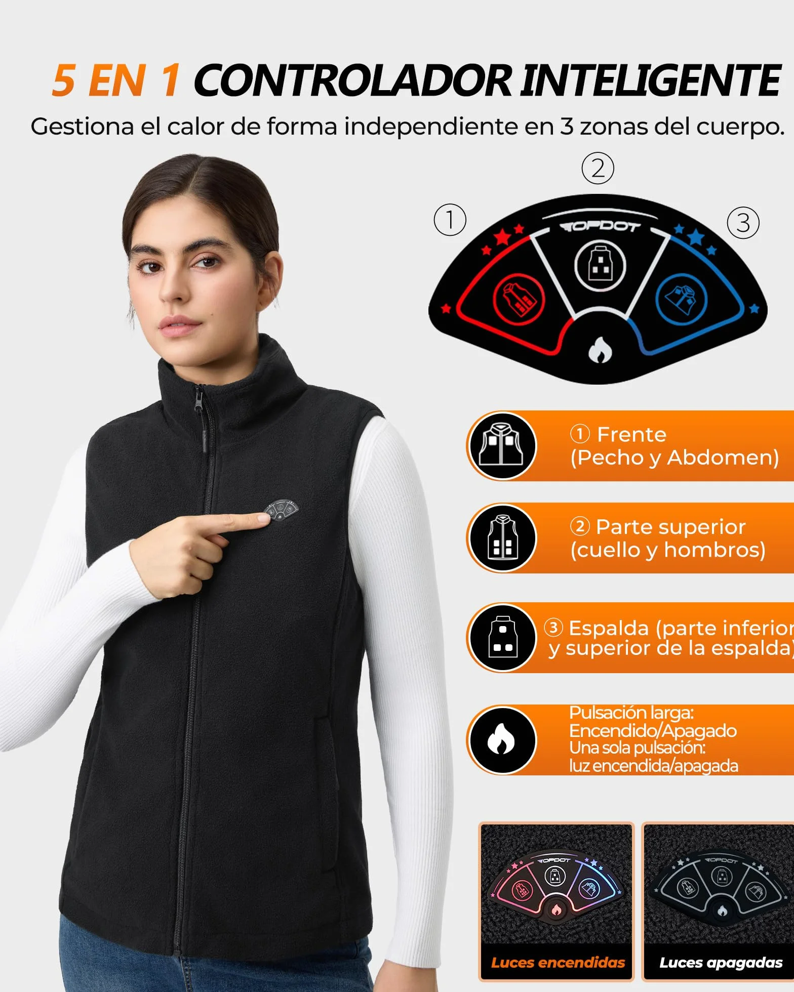 Topdot Polar Chaleco Calefactable Mujer, 7.4V 16000mAh, 10 Zonas Calentamiento, 3 Temperaturas, Forro Lana
