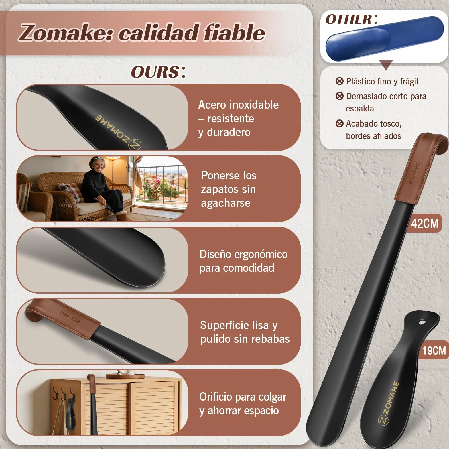 ZOMAKE Calzador de Zapatos Metalico 42cm Acero Inoxidable Negro para Personas Mayores Correa Cuero 2 Piezas
