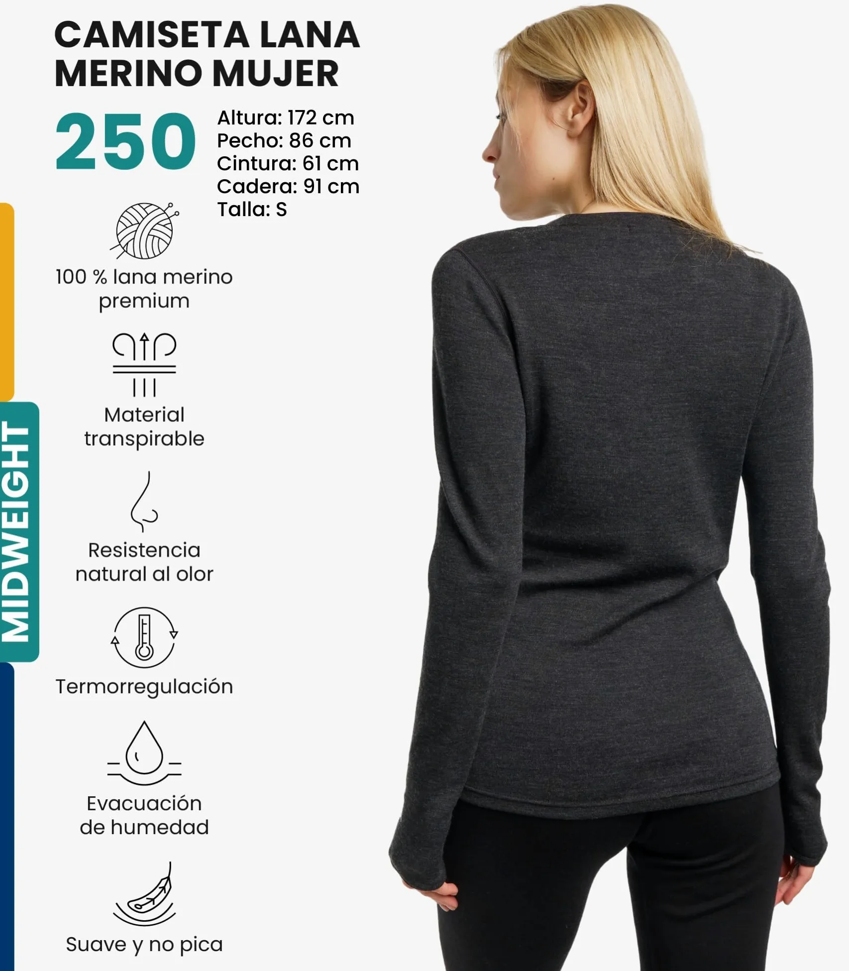 Merino.tech Camiseta Termica Lana Merino Mujer - Ropa Térmica + Calcetines | Capa base para todo el año (diario, deporte y outdoor). Antiolores, no pica