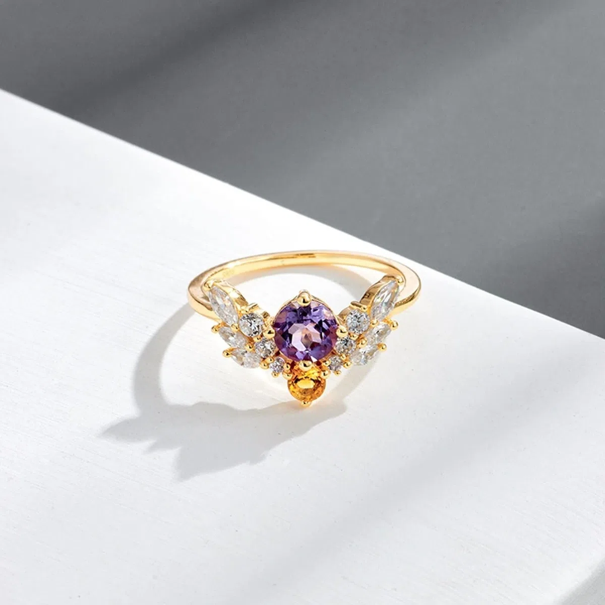 Alianzas de oro Au 375/585/750, joyas de oro auténtico con amatista, forma de alas