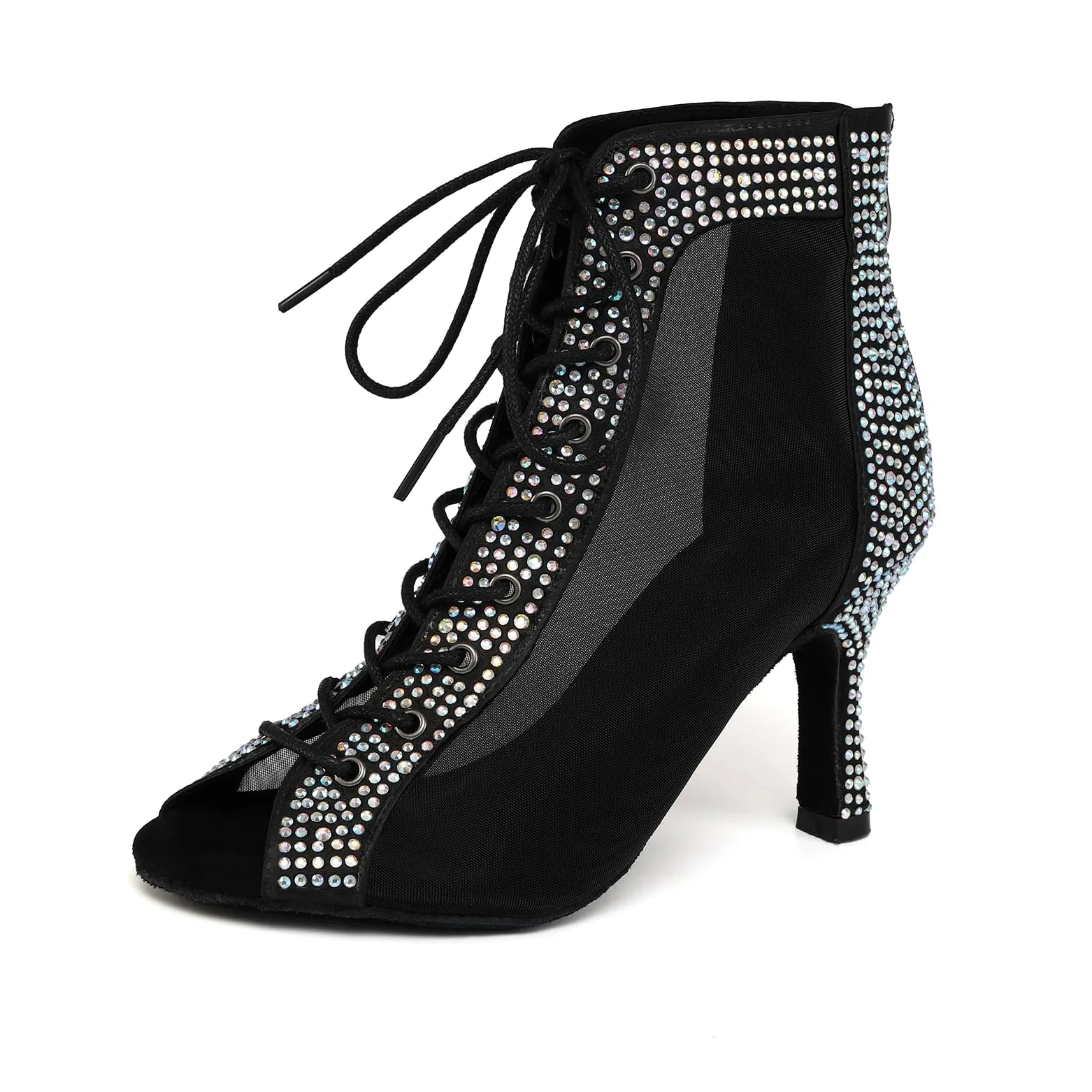 SWDZM Botas Baile Latino Mujer Pedrería Tacón Alto Cordón | satén ligero transpirable,suela ante antideslizante,tacón 8,5cm, doble cierre,pedrería brillante para espectáculos