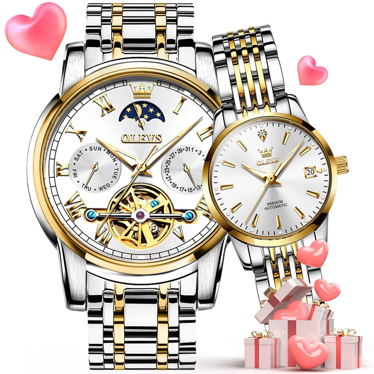 OLEVS Par de relojes automáticos mecánicos automáticos con cuerda automática para regalos de San Valentín para él y para ella, Banda de dos tonos y esfera blanca