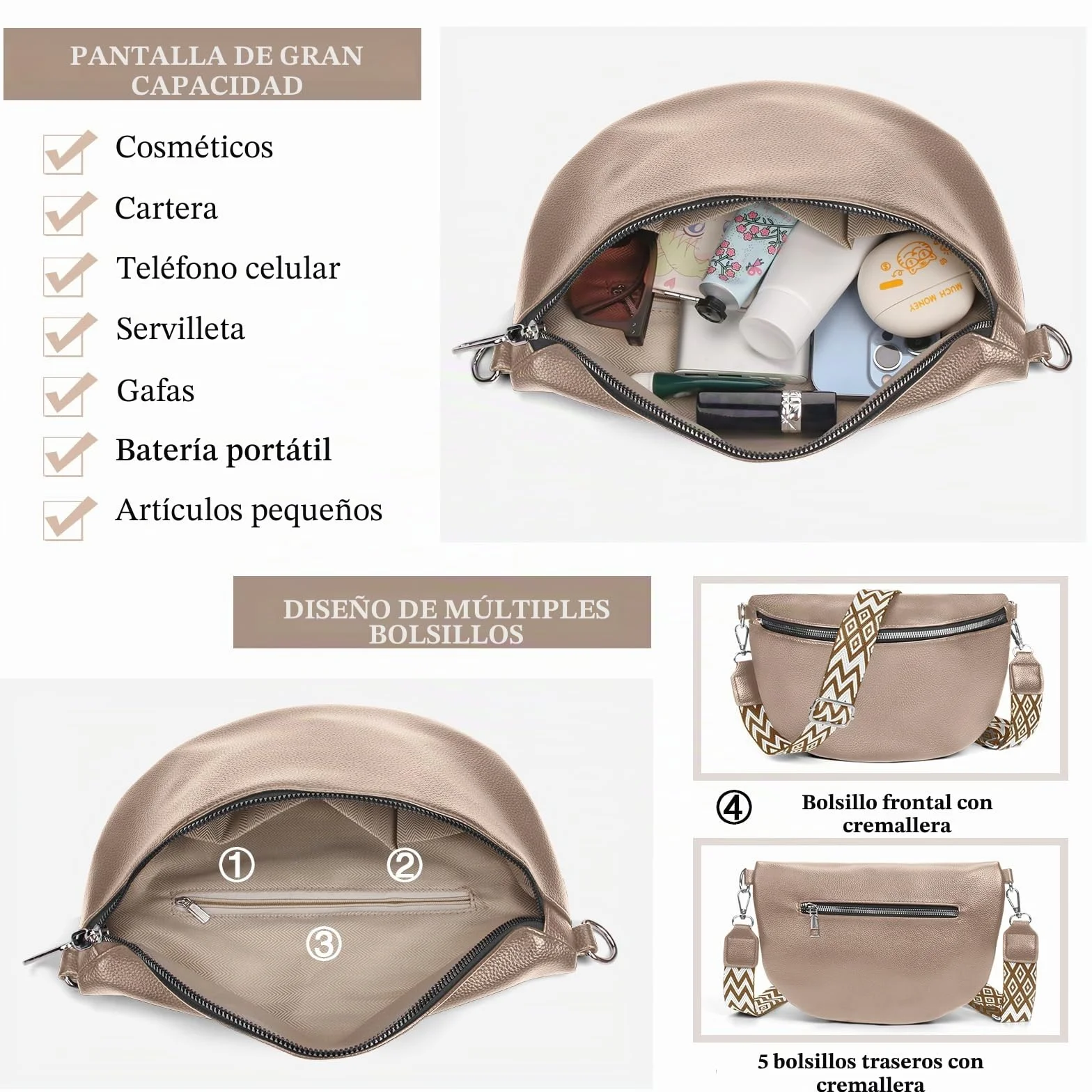 Bolso de Mujer Señoras Pequeño, Bolso Crossbody Señoras Correa Ancha, Riñonera Señoras Estiloso Cuero Repelente al Agua, Elegantes Bolsos Modernos con Correa de Mujer Desmontable