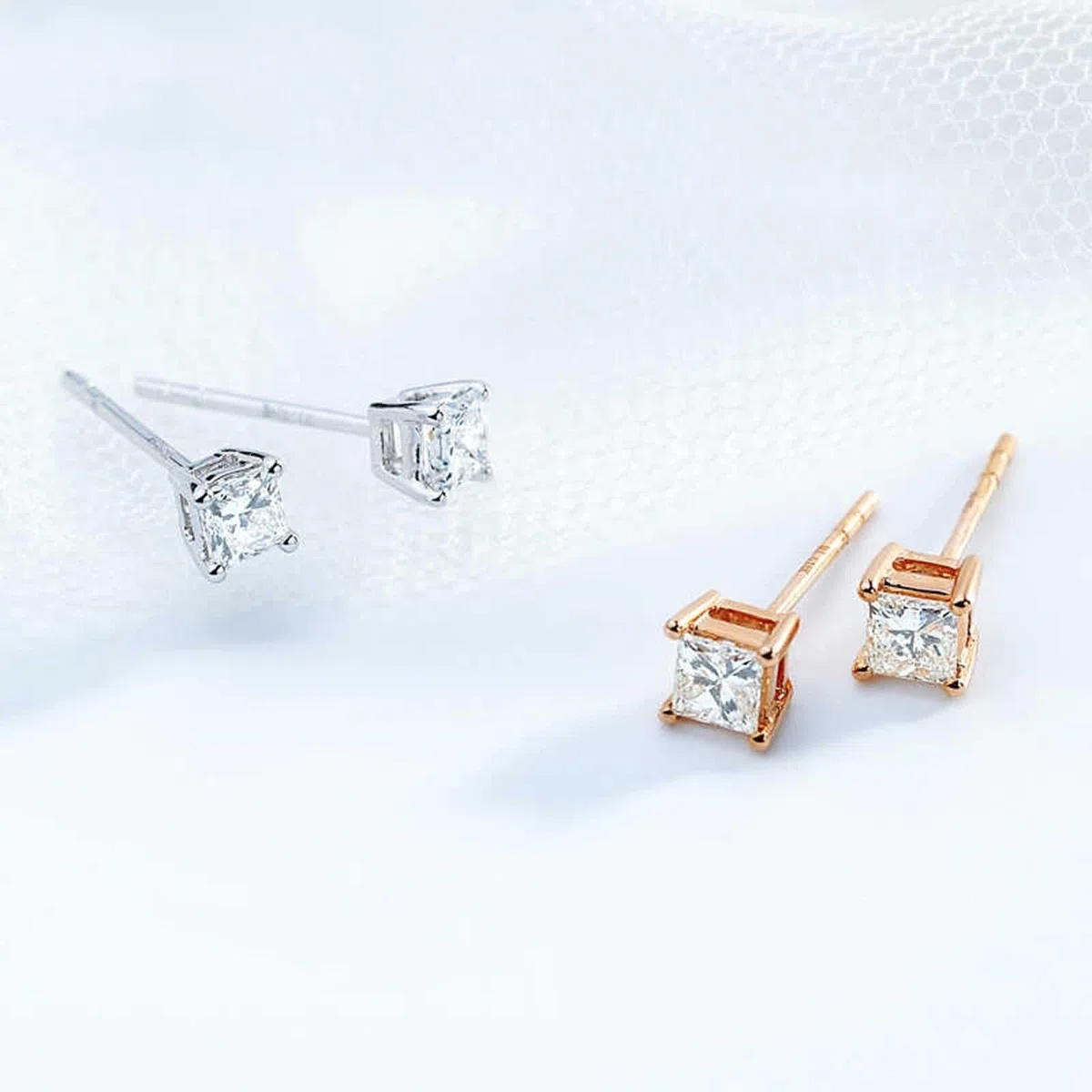 Pendientes de tuerca de oro blanco, aretes de mujer con diamantes de 0,5 quilates, diseño cuadrado de princesa