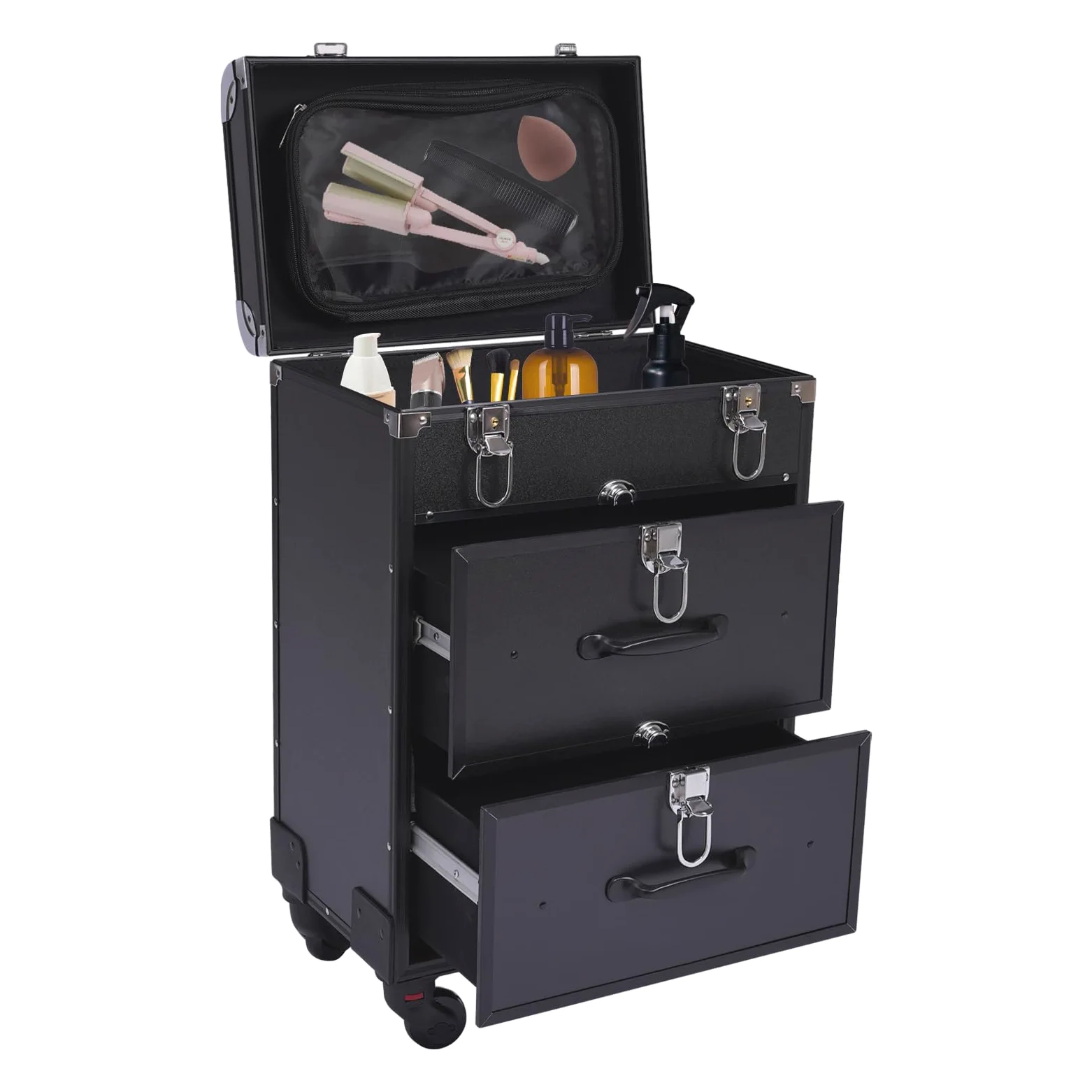 Maletín de maquillaje con ruedas, con 2 cajones y 2 cerraduras, maletín de peluquería grande 36 x 23 x 58 cm, maletín de maquillaje con ruedas giratorio 360°, gran capacidad, Negro , moderno