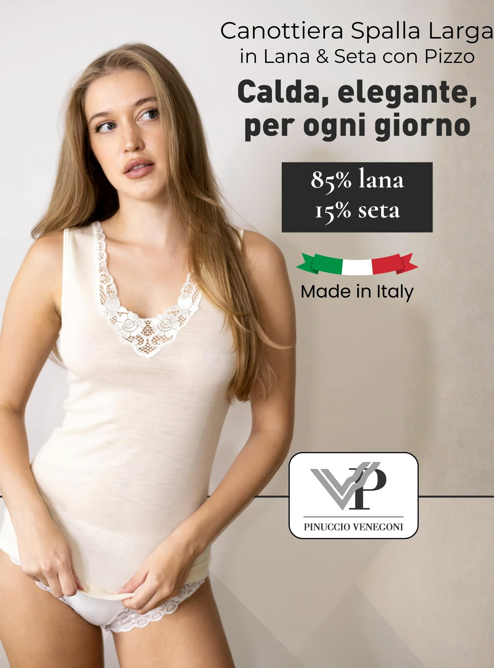 Pinuccio Venegoni Camiseta sin mangas de lana y seda íntima de mujer; camiseta térmica de hombro ancho con encaje. Made in Italy negro y blanco ropa interior para mujer de invierno elegante enojado