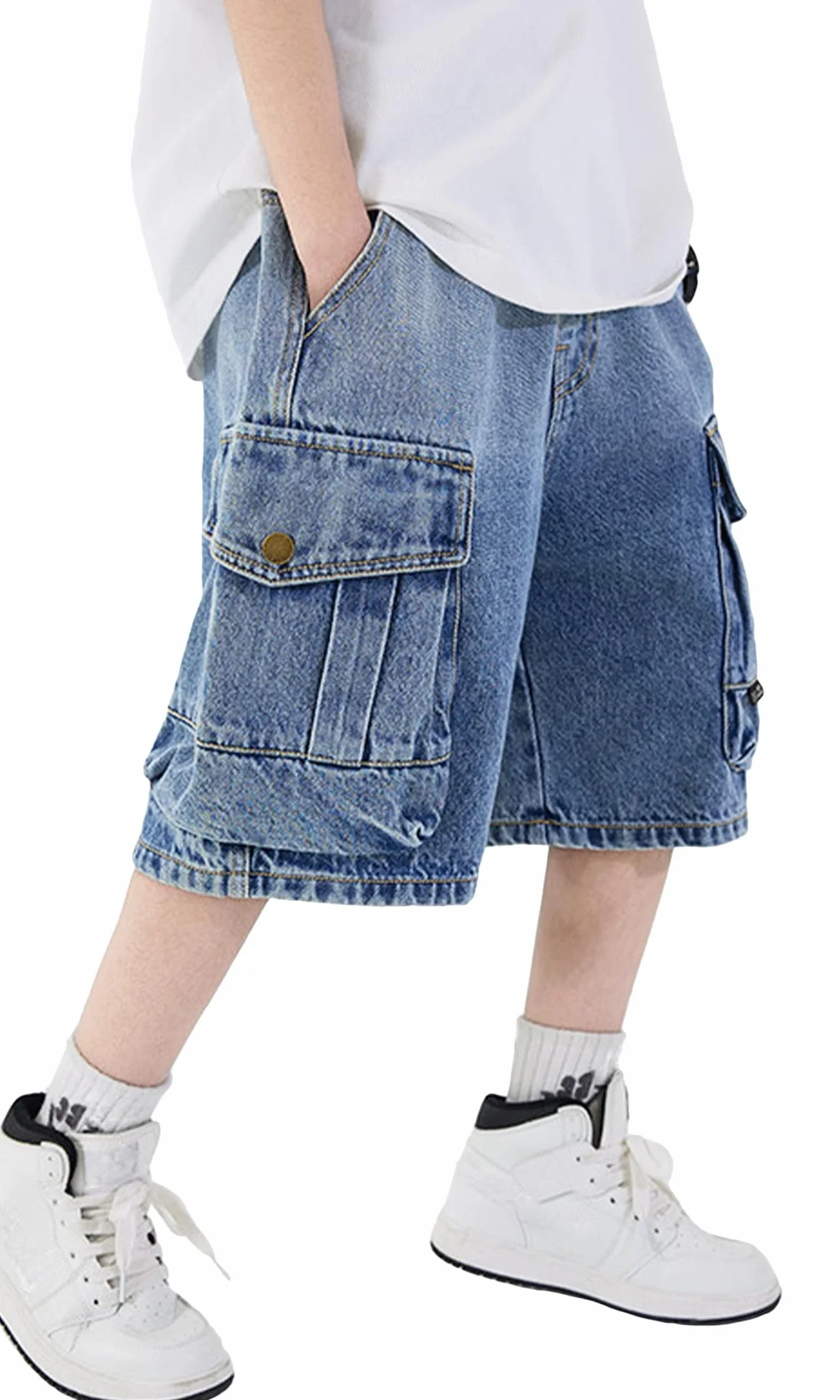 SEAUR Pantalón Corto Vaquero Niño Denim Baggy Jean Shorts Elástico Cintura Bermuda con Bolsillos