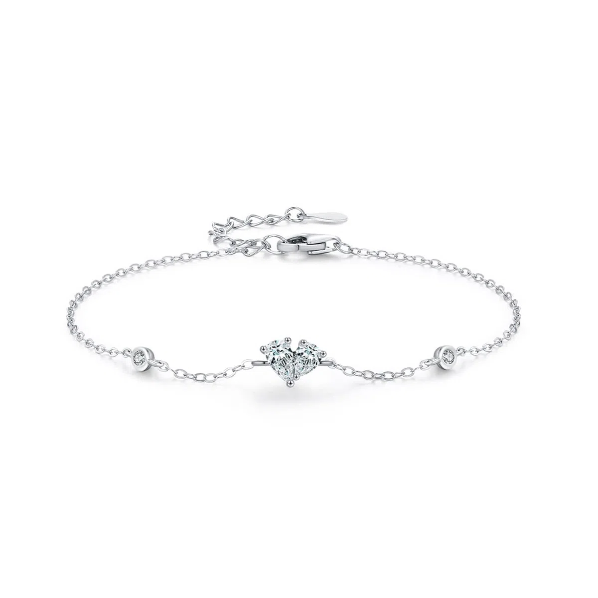 Pulsera Oro Blanco 9K / 14K / 18K Mujer, Corazón y Gota de Agua con Diamante Creado de 0,25 ct, Cadena Extensible 16 CM + 5 CM, Pulseras Mujer Ajustable Plata