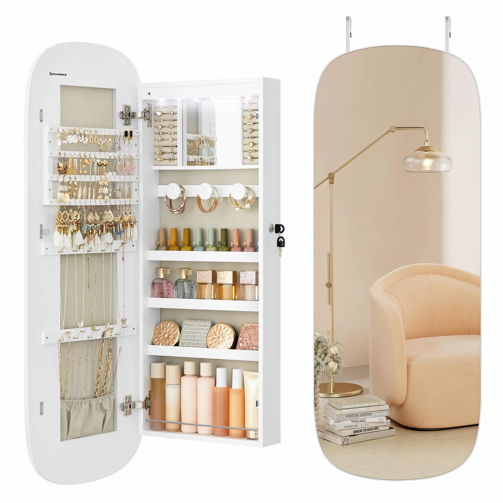 SONGMICS Armario para Joyas, Espejo Joyero de Pared, Organizador con Luz LED y Cerradura, Varios Compartimentos, para Pendiente, Collar, Superficie Blanca y Forro Gris Beige JJC026W01