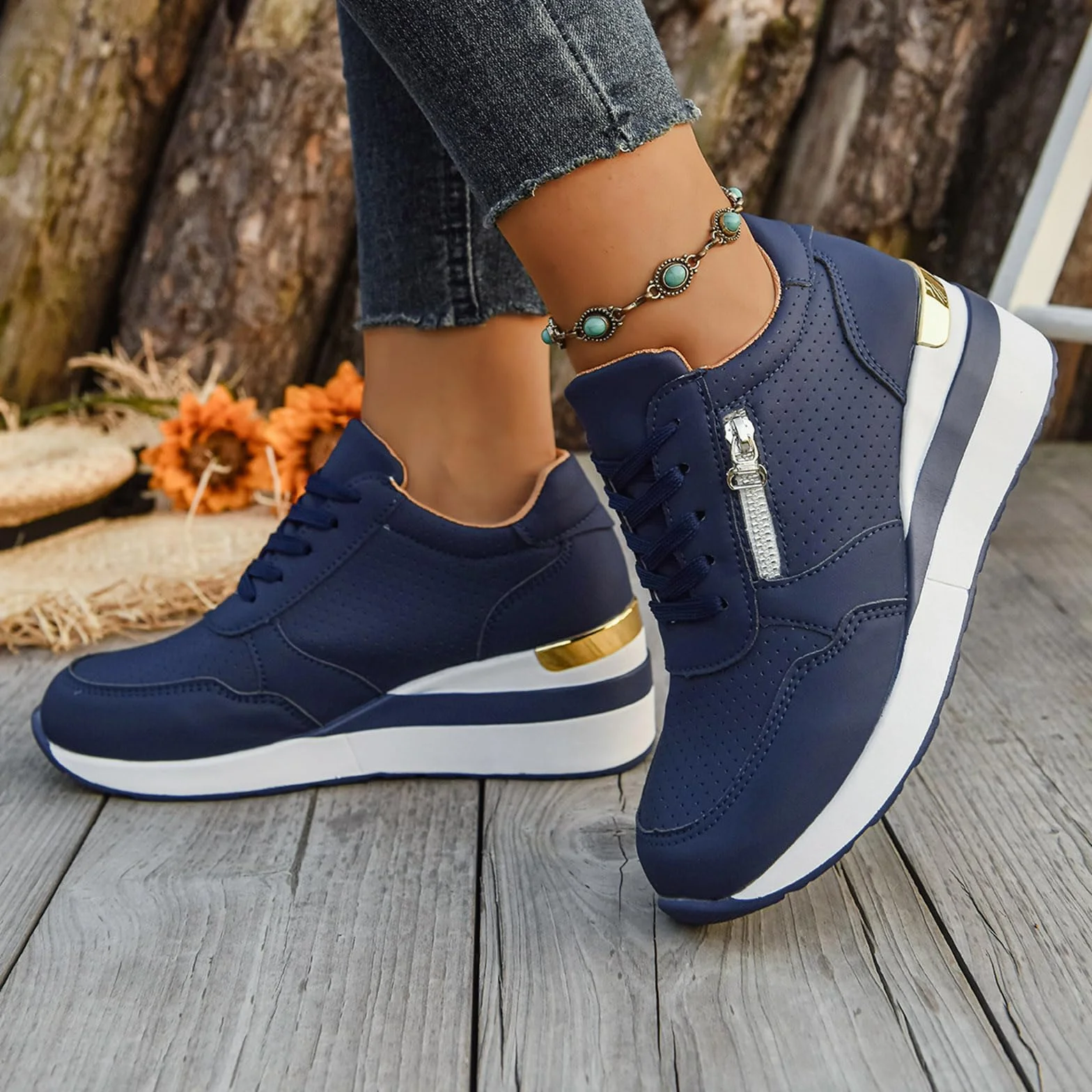 Zapatillas Mujer Cuña Plataforma Zapatos Casual con Cremallera Transpirable Cordones Zapatillas de running Zapatillas de deporte Mujer Zapatos de Plataforma Cómodos