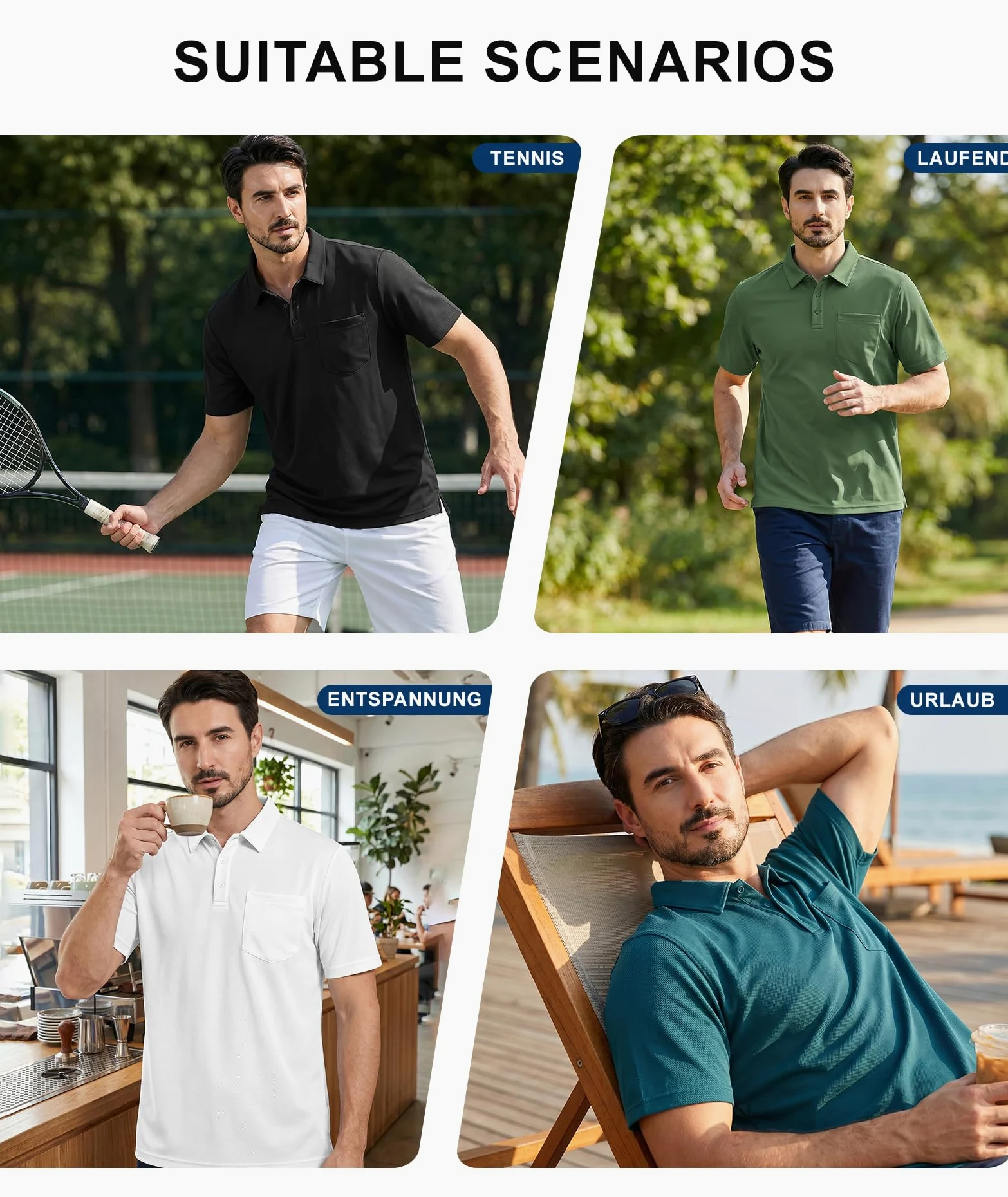 JACKETOWN Pack de 5 polos de manga corta para hombre, camiseta funcional de verano, conjunto de polo elástico en 4 direcciones, transpirable, deportivo, polo de golf, camiseta con botones, tallas M