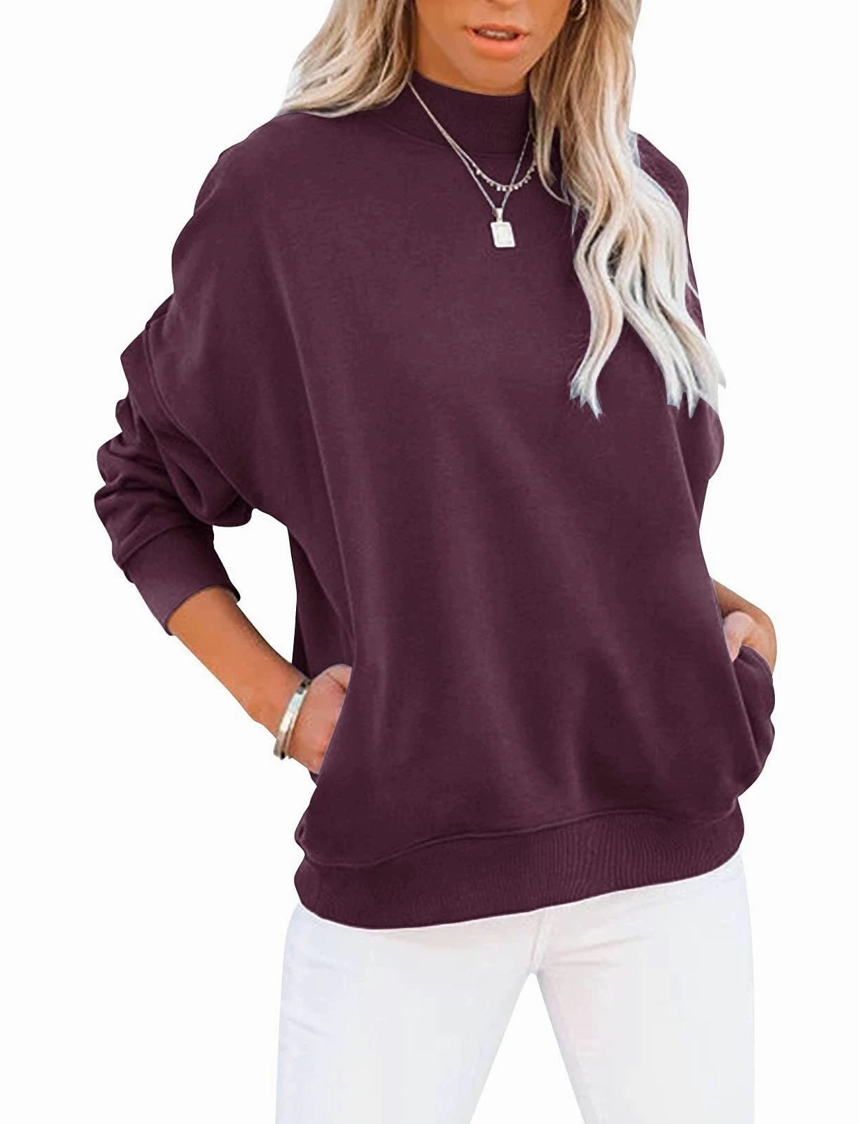 Sudadera Casual de Manga Larga for Mujer, básica, Holgada, con Cuello Alto, Ligera, con Bolsillo(Purple,M)