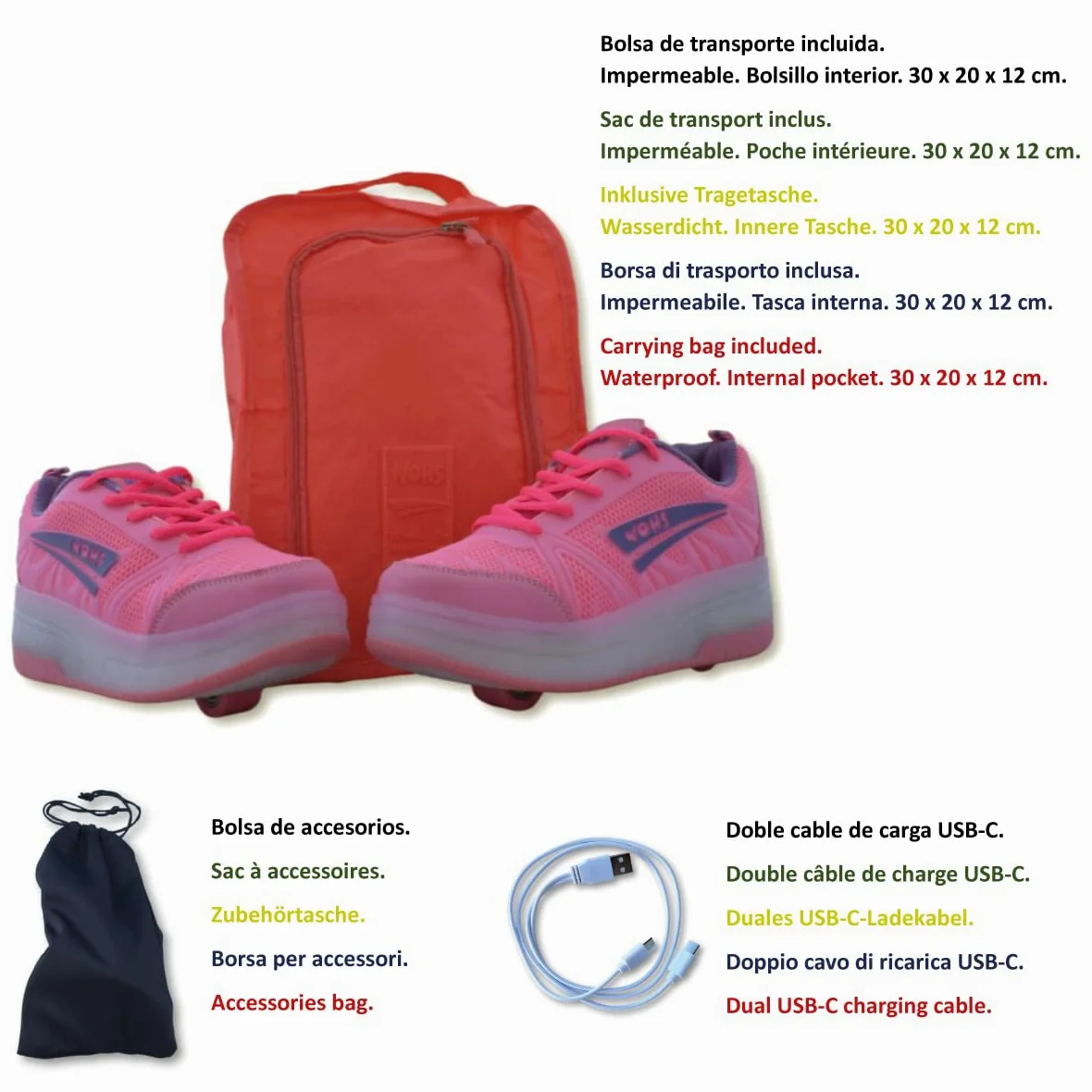 Zapatillas Deportivas con Dos Ruedas y Luces LED. Recargables, 16 Efectos de Luces LED. Rueda Trasera automática. Rosa/Lila. Talla 35