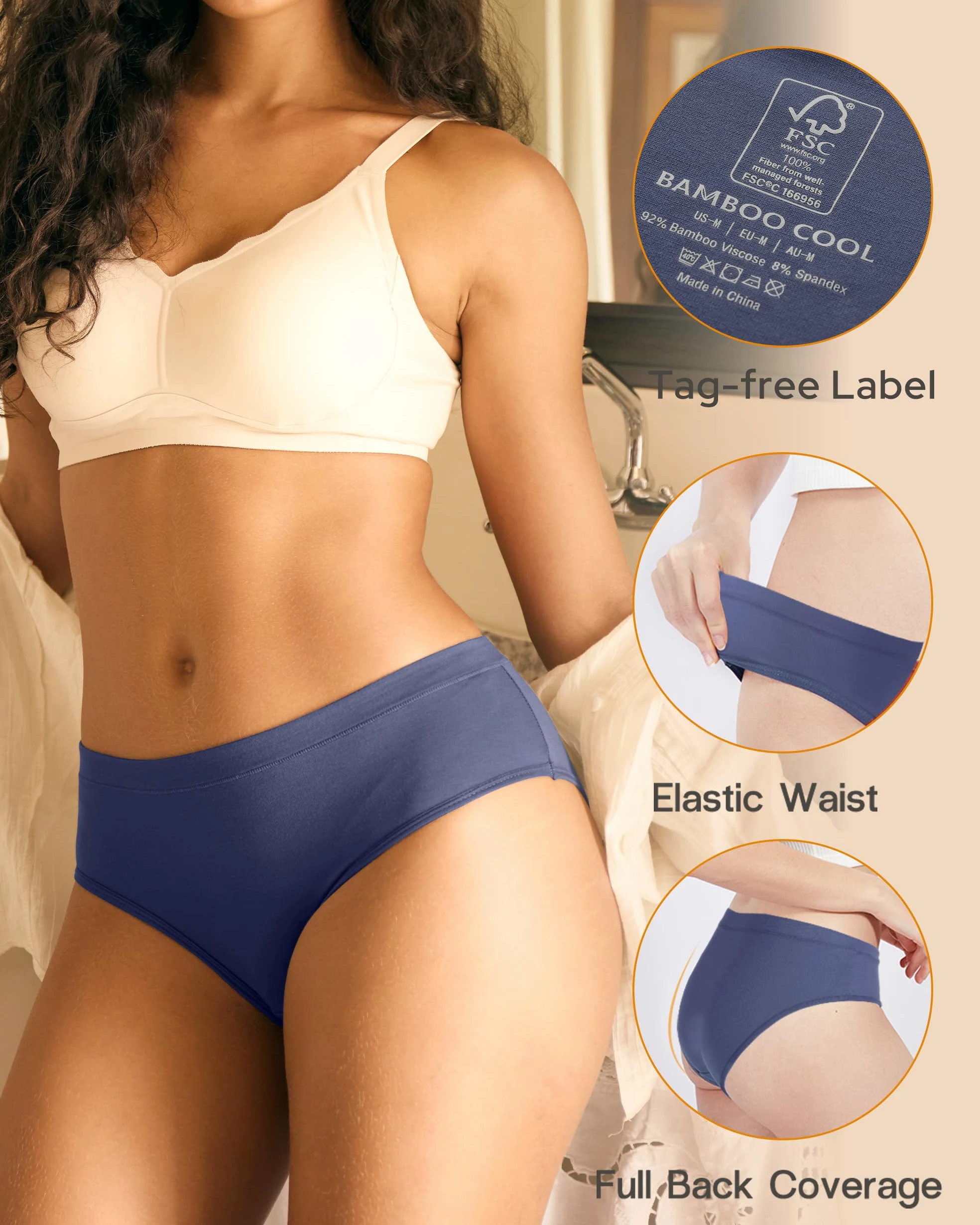 BAMBOO COOL Ropa interior para mujer, calzoncillos que absorben la humedad, bragas suaves y transpirables, cintura media, paquete de 5