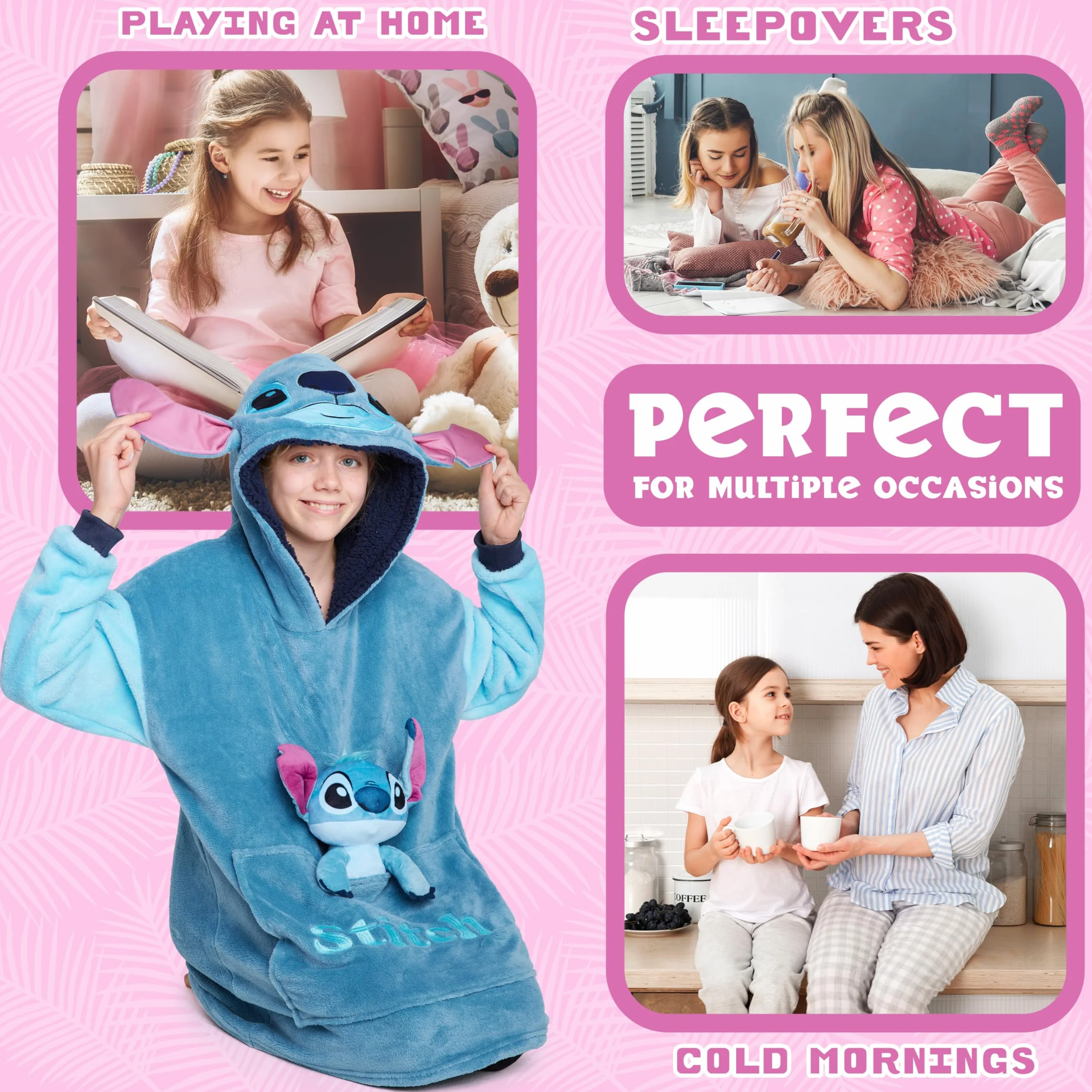 Disney Sudadera Oversize Polar con Peluche de Stitch Angel, Cosido a la Sudadera, Batamanta con Capucha para Niña