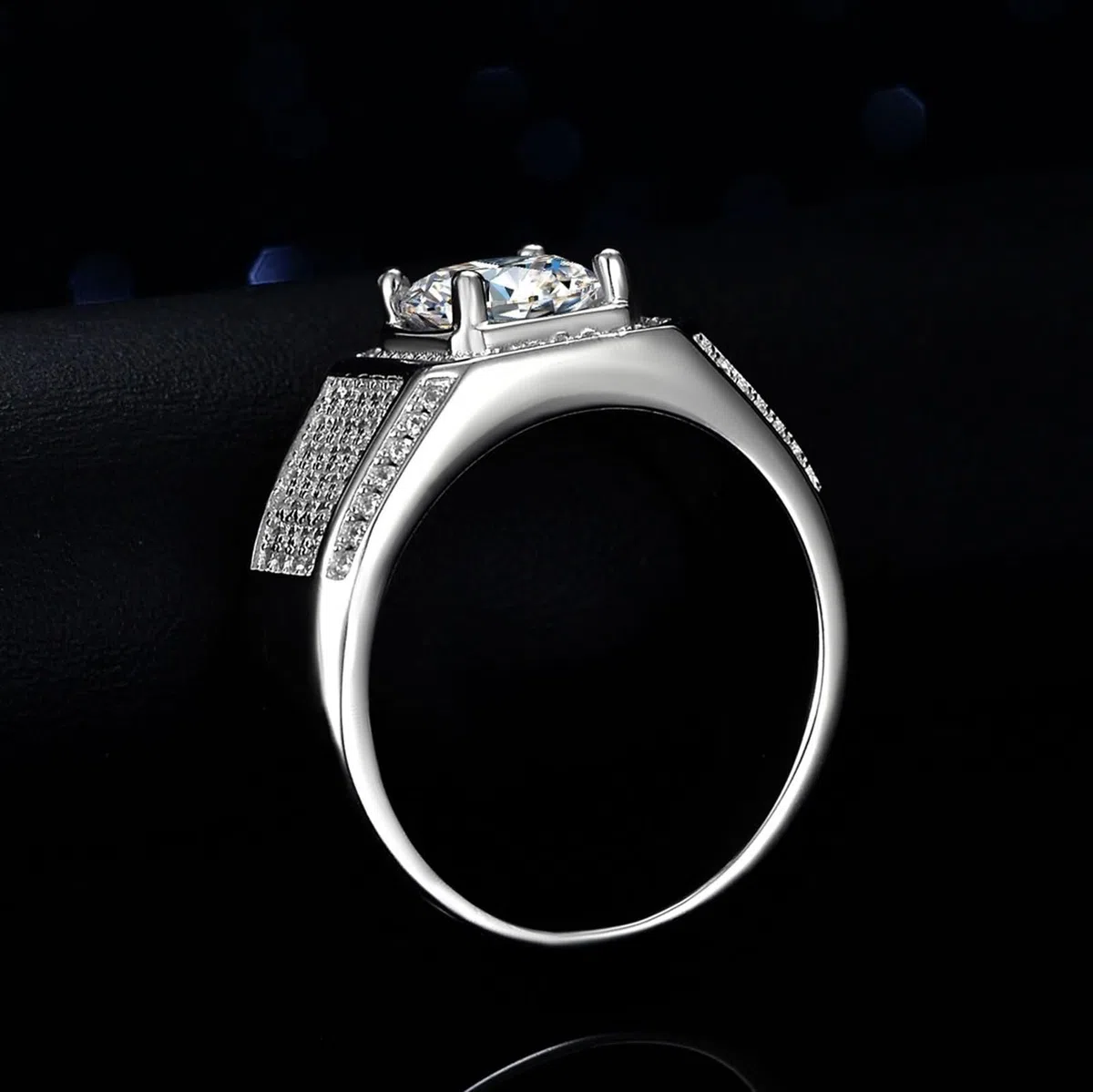 Anillo para hombre de plata de ley de 6 dientes redondo con moissanite de 2 quilates, plata de ley 9 K, oro blanco de 9 quilates, talla 53 (16,9)