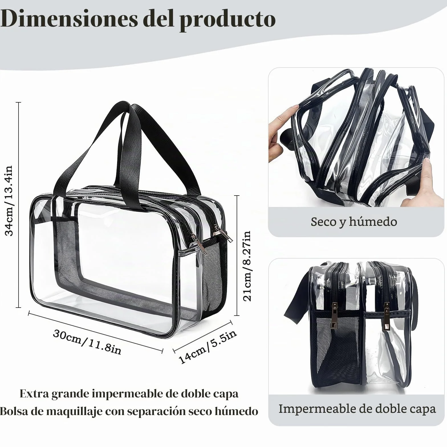 Neceser de viaje transparente grande, 31 x 21,1 x 16 cm, PVC grueso, impermeable, con compartimentos dobles y cremallera, para viajes en avión, mujeres y hombres
