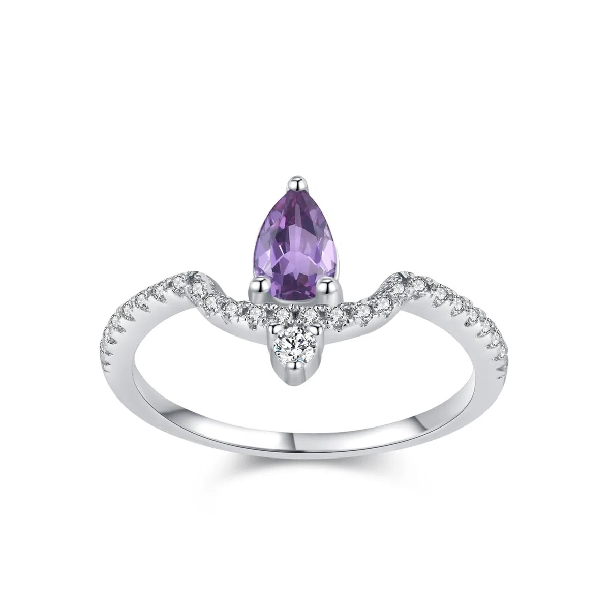 Anillo de oro para mujer, anillo de boda de oro auténtico, elegante con amatista de 0,3 quilates, oro blanco, alianza de boda para mujeres