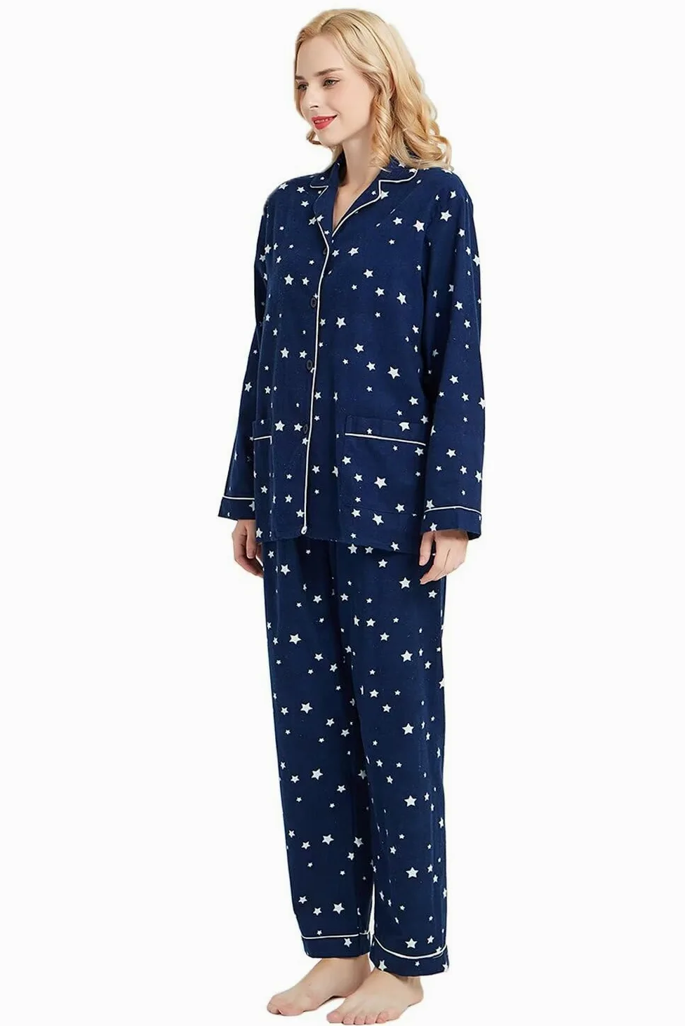 GLOBAL Pijamas Mujer Franela, Pijamas Algodon Mujer Largos, Conjunto de Pijama Suave y Cómodo, Camisones Mujer Botones, Cintura Elástica Ajustable，Regalo Mujeres,