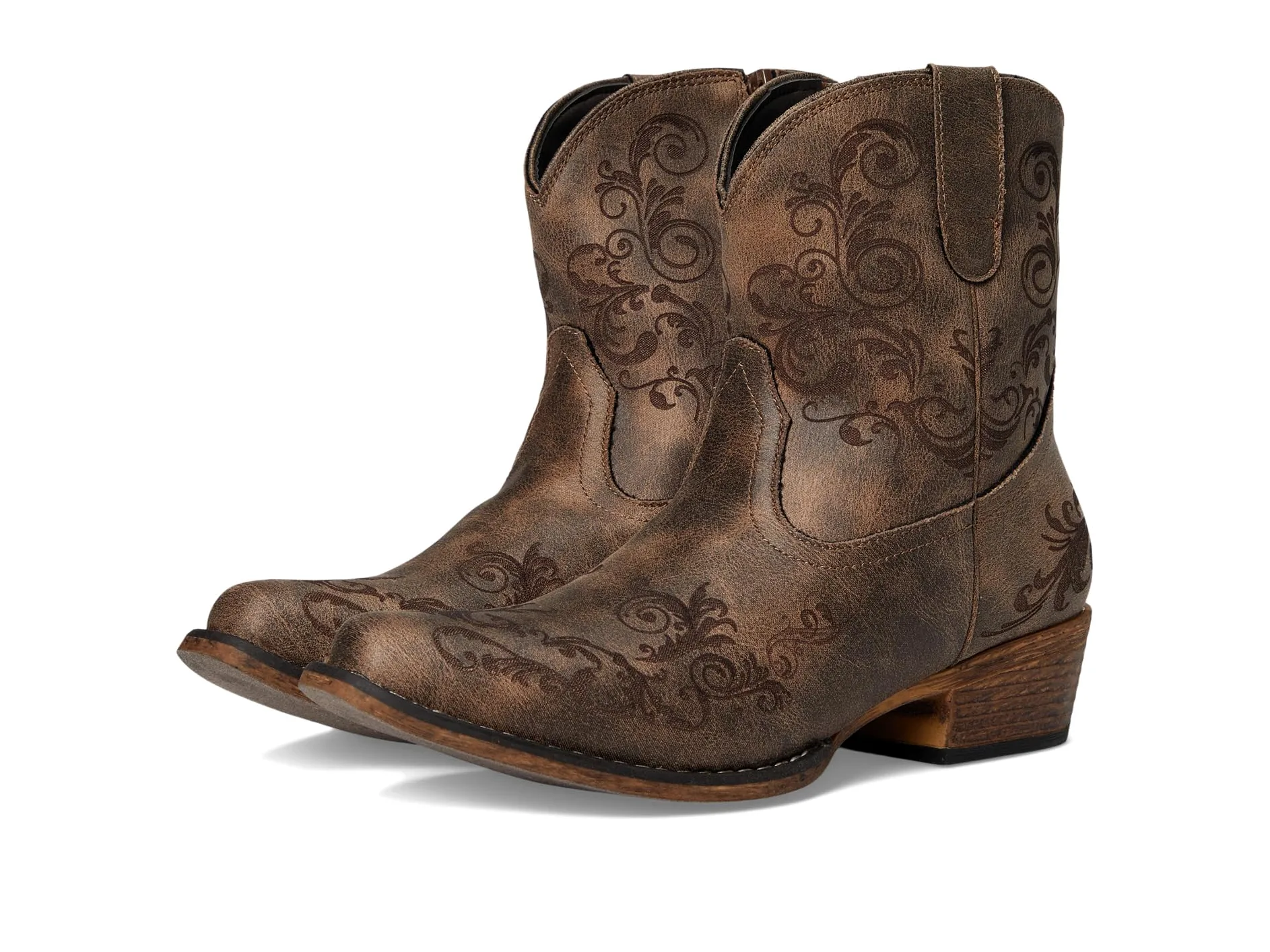 ROPER Womens Short Stuff Embroidery Snip Toe Casual Boots Ankle Low Heel 1-2'' - Brown'