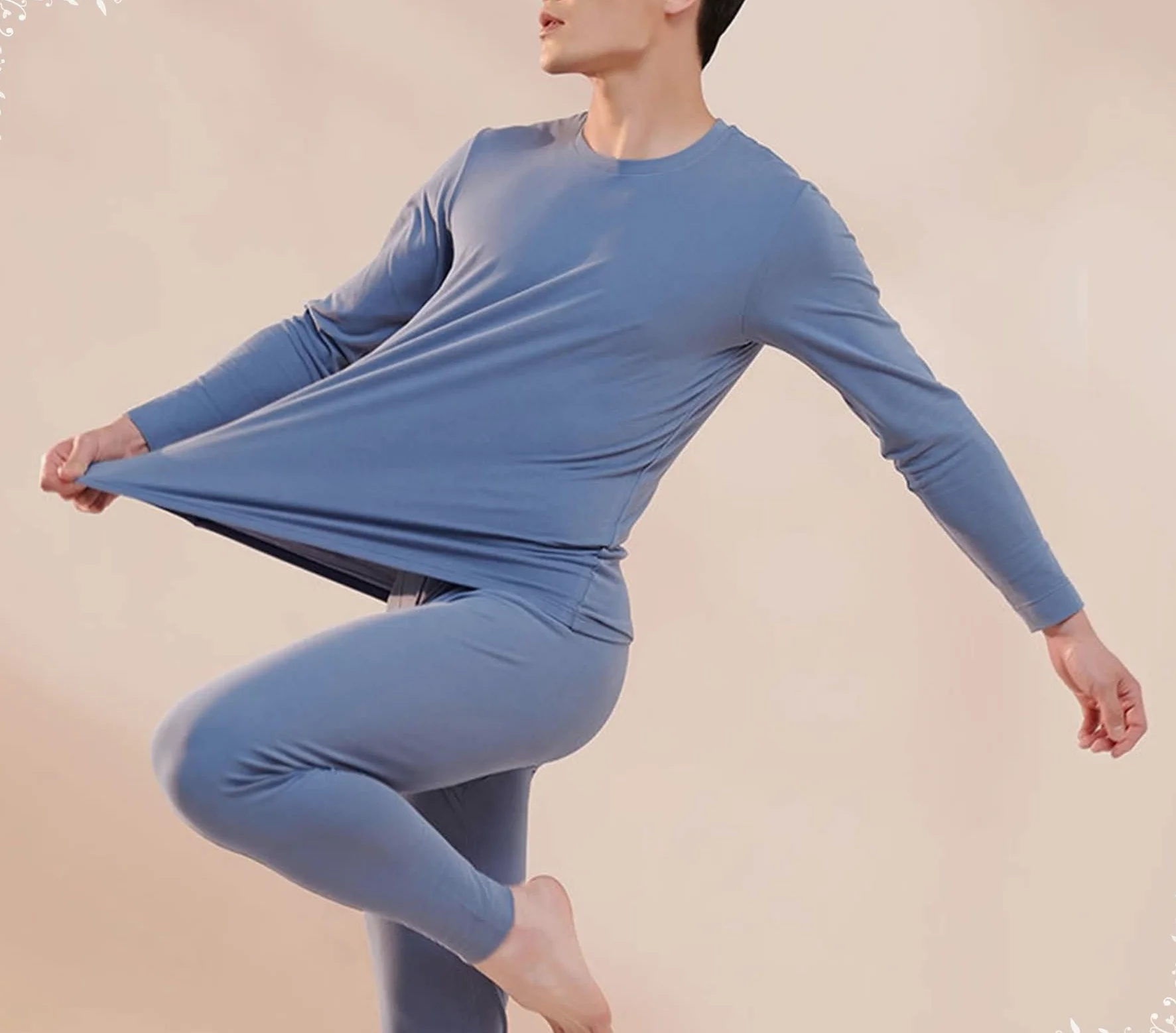 Ropa Termica Hombre, Algodón Set Ropa Termica Azul lacustre, Cuello Redondo Camiseta y Pantalon Termica Manga Larga Múltiples Tamaños