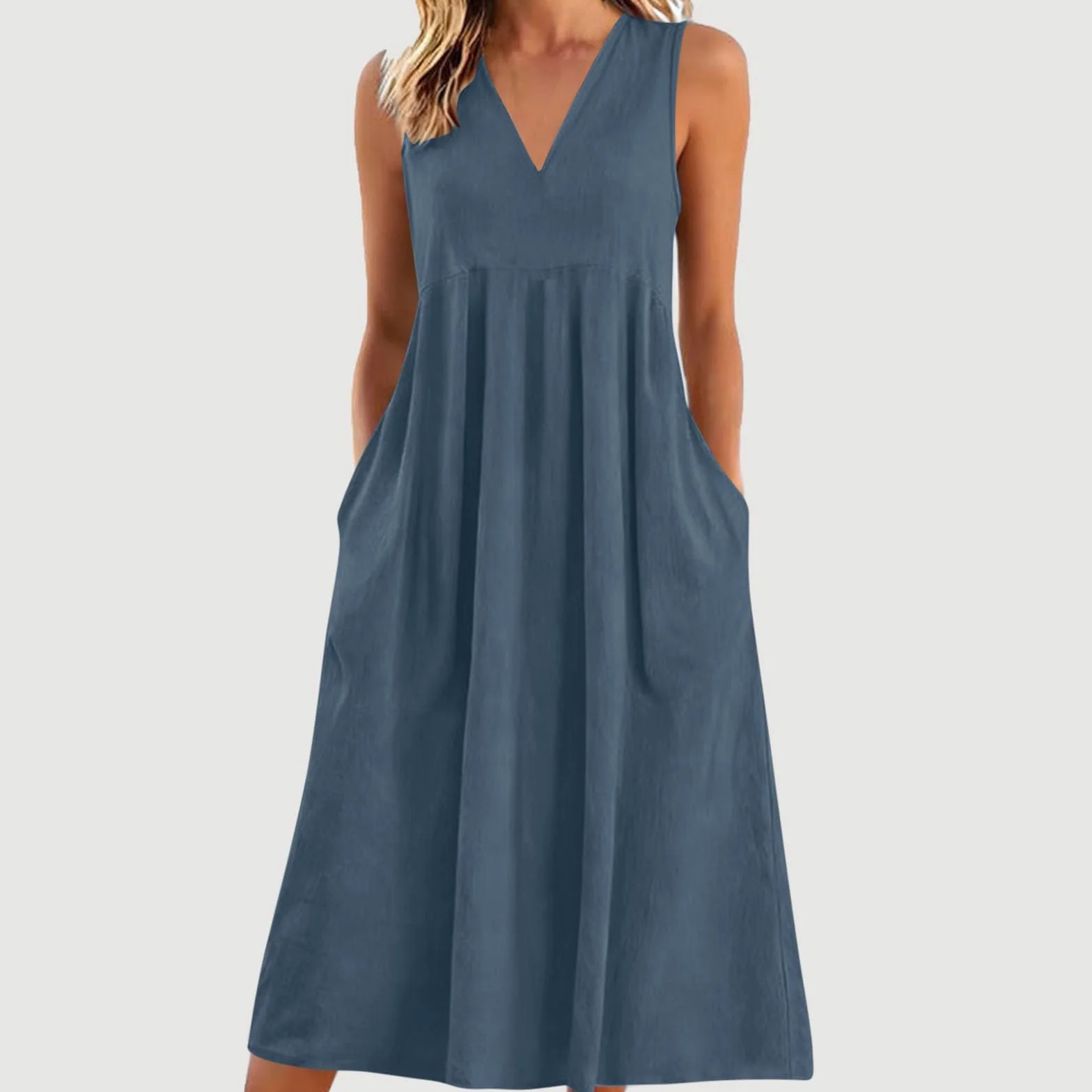 Vestido Mujer Verano Cuello V Algodón Lino Casual Suelto Color Sólido Largo Cintura Alta Bolsillos Cómodo Transpirable Maxi