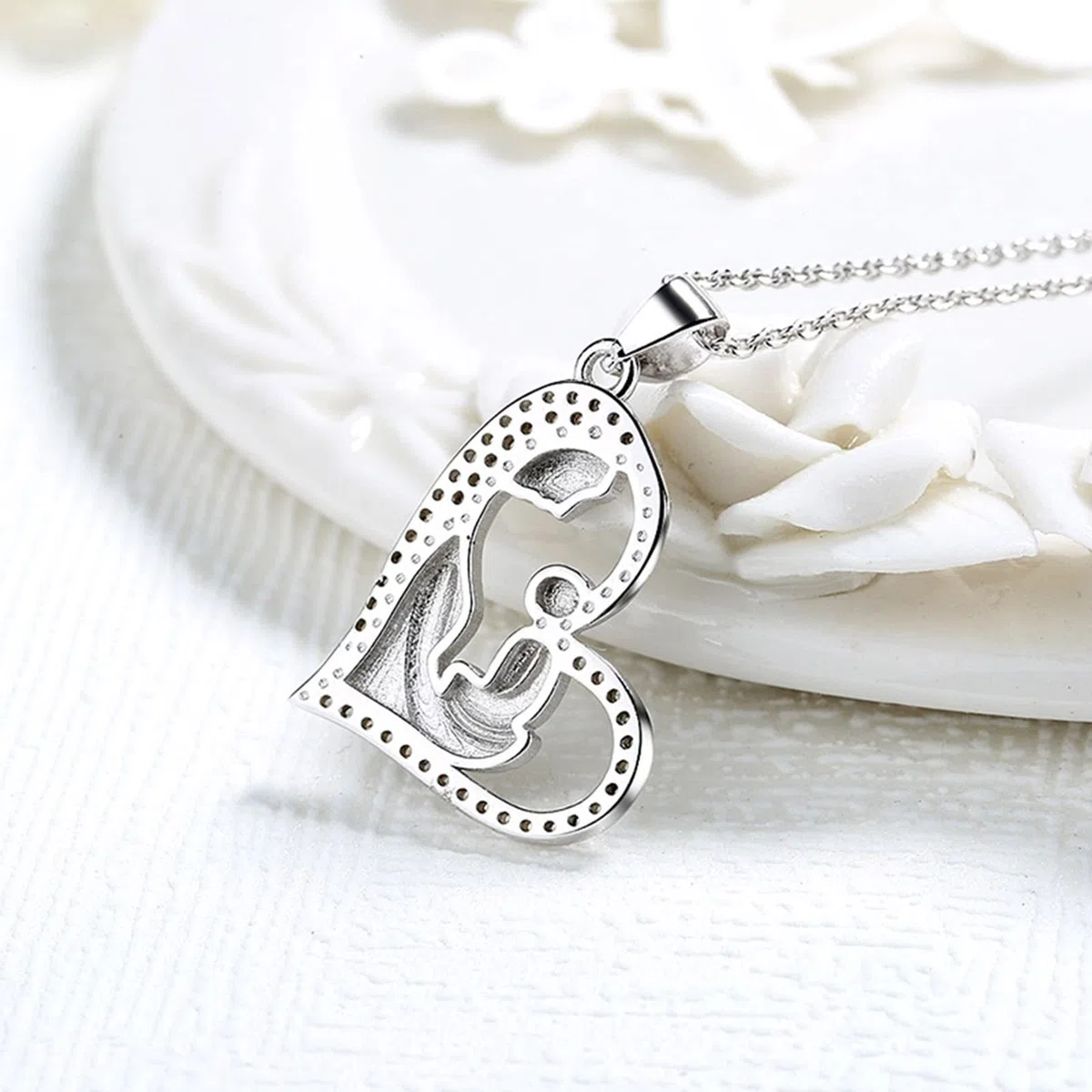 Collar de 14 quilates, collar con colgante de corazón de diamante para madre y niño, 2.66x1.64CM, Vidrio Cuero, Diamante