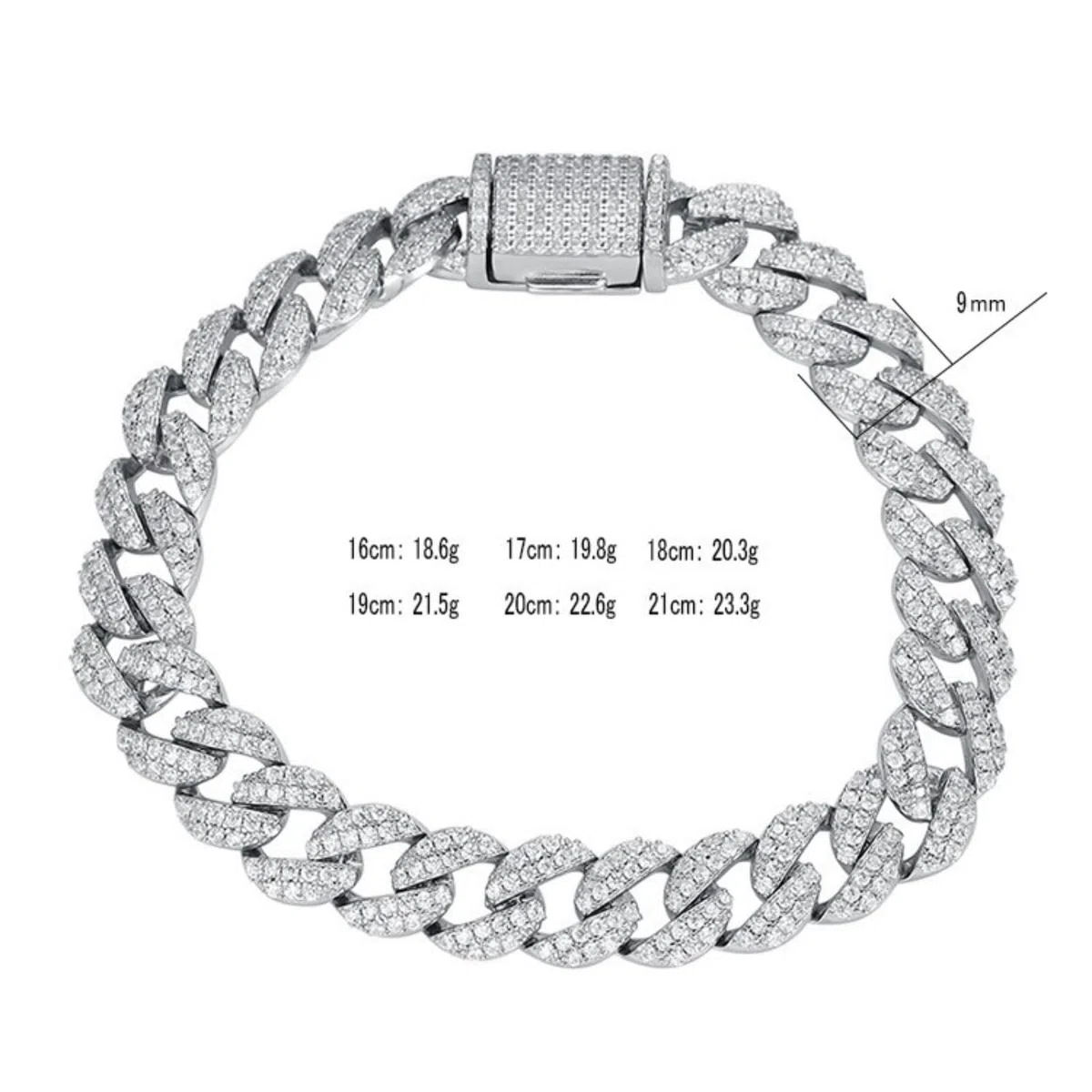 Pulsera de cadena cubana hipoalergénica de 9 mm para hombre, de plata de ley 925 gruesa, transparente, circonita cúbica 5A+, joyería de eslabones gruesos para hombre, 16-21 cm