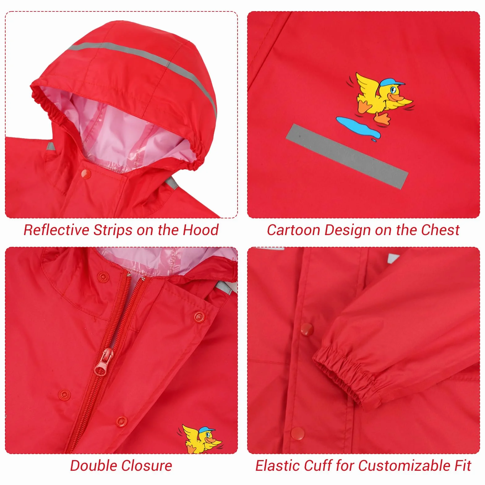 Chubasquero para Niños Mono Impermeable Traje de Lluvia Encapuchado Niñas Chaquetas de lluvia Poncho con Tira Reflectante, Rojo 2-3 Años
