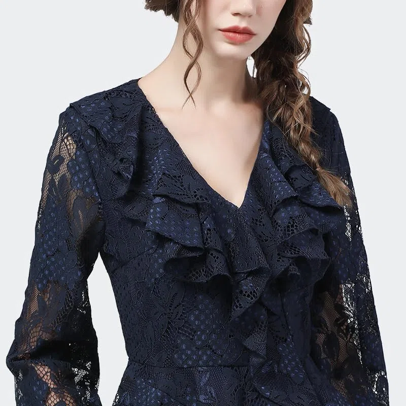 Blusas de Encaje con Cuello en V y Volantes de Color Azul Oscuro, diseño Floral Ahuecado, Manga Larga, Blusas Delgadas de otoño para Mujer, Camisas de Oficina (Azul M)