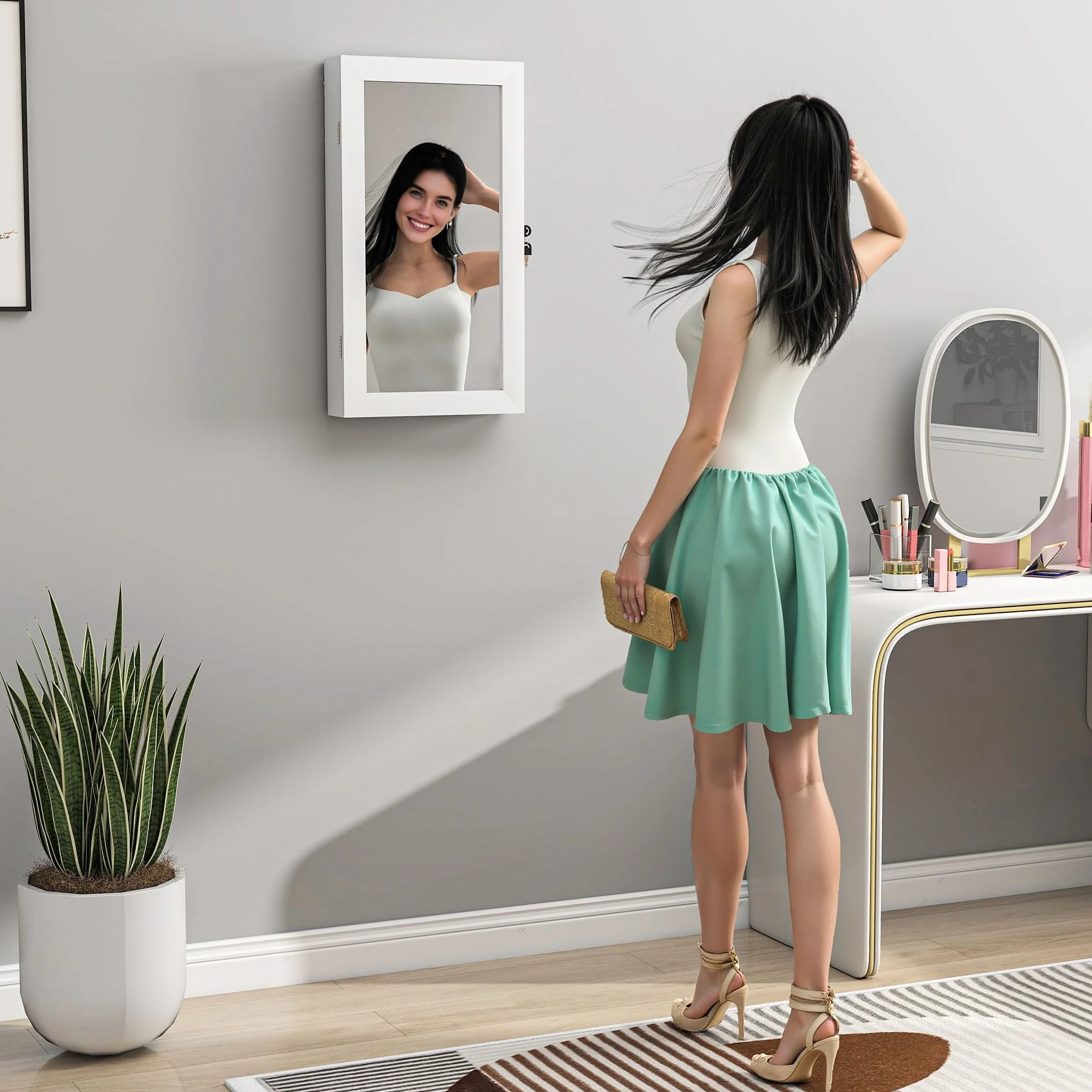 HOMCOM Espejo Joyero de Pared Armario para Joyas con Cerradura y Varios Compartimentos Montar en Pared o Puerta para Pendiente Collar Anillo Pulsera Blanco y Forro Crema