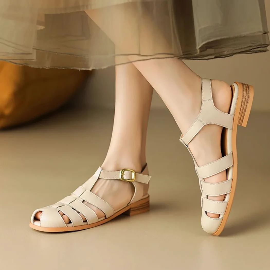 Sandalias básicas de piel auténtica con correa de tobillo para mujer, con hebilla y correa trasera, tacón plano, sandalias de verano, beige, 41 EU