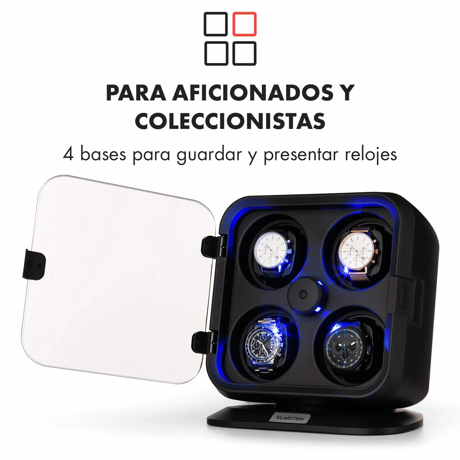 KLARSTEIN Caja Relojes Automáticos, Caja Giratoria Relojes 4 Compartimentos, Cajas para Relojes con Luz, Estuche para Reloj, 3 Velocidades de Rotación, Relojero con Cojines, Watch Winder, Negro