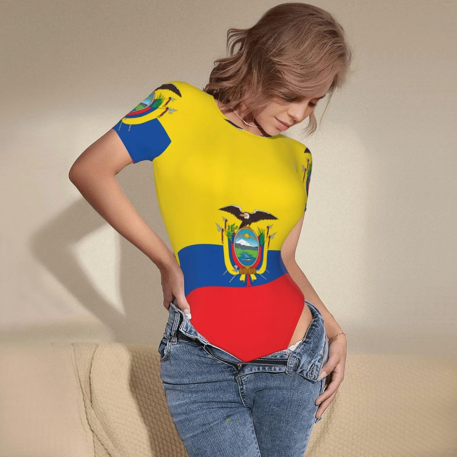 Mujer Body manga corta estampado bandera Ecuador transpirable primavera verano