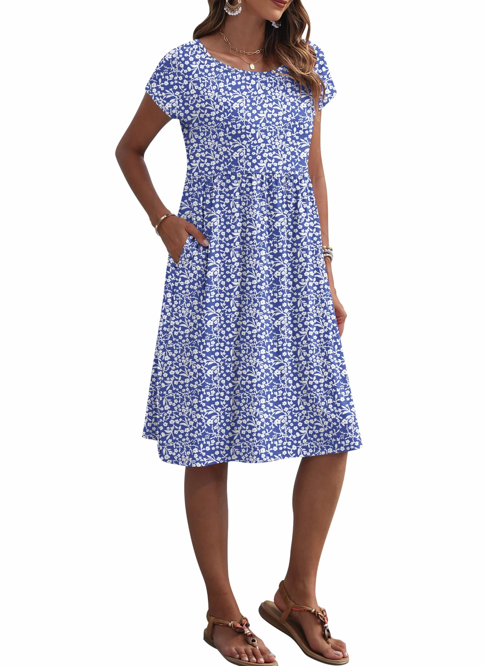 AUSELILY Vestido Mujer Manga Corta Cuello Redondo Bolsillos Holgado