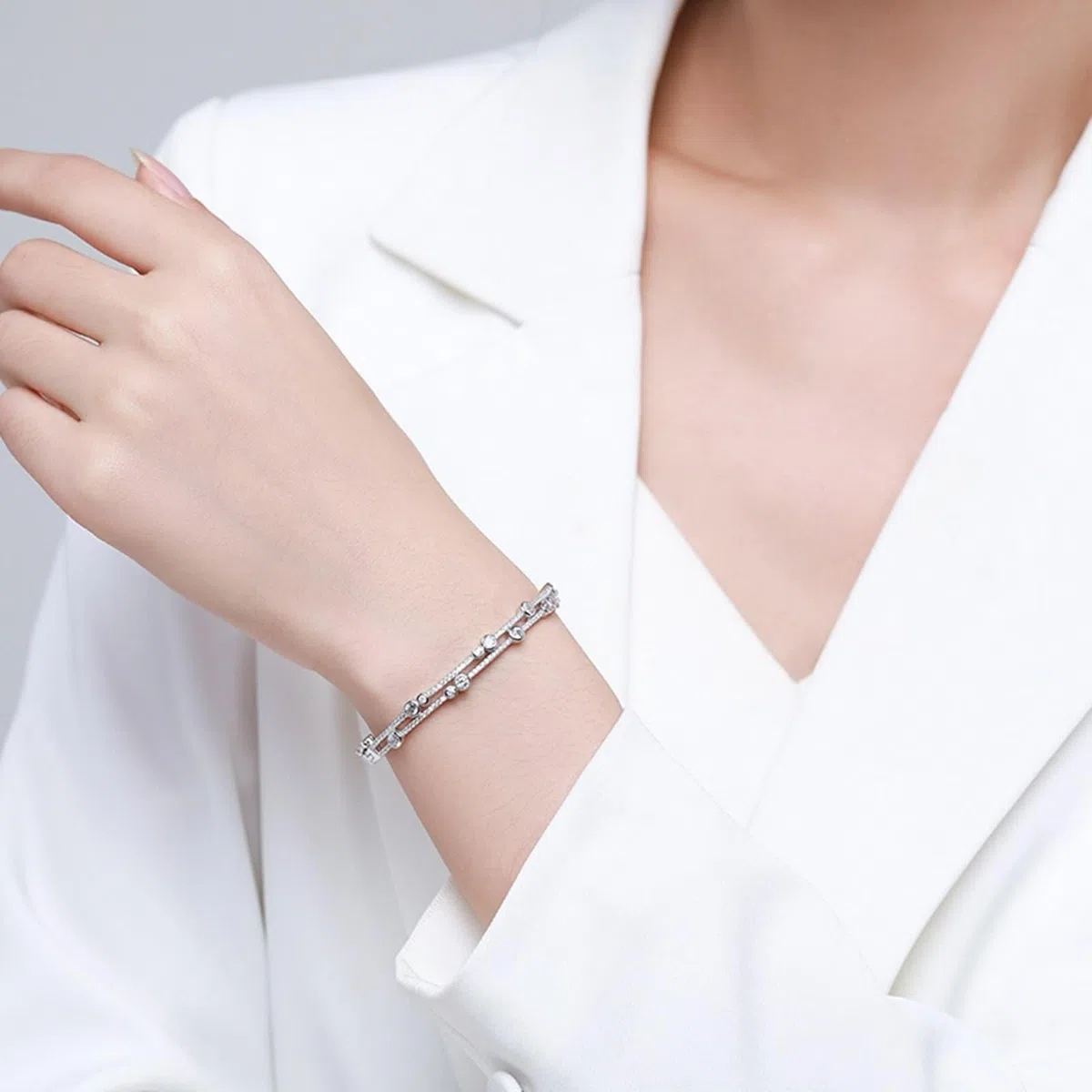 Pulseras para mujer, pulsera de doble fila brillante redonda moissanita oro blanco/platino 950