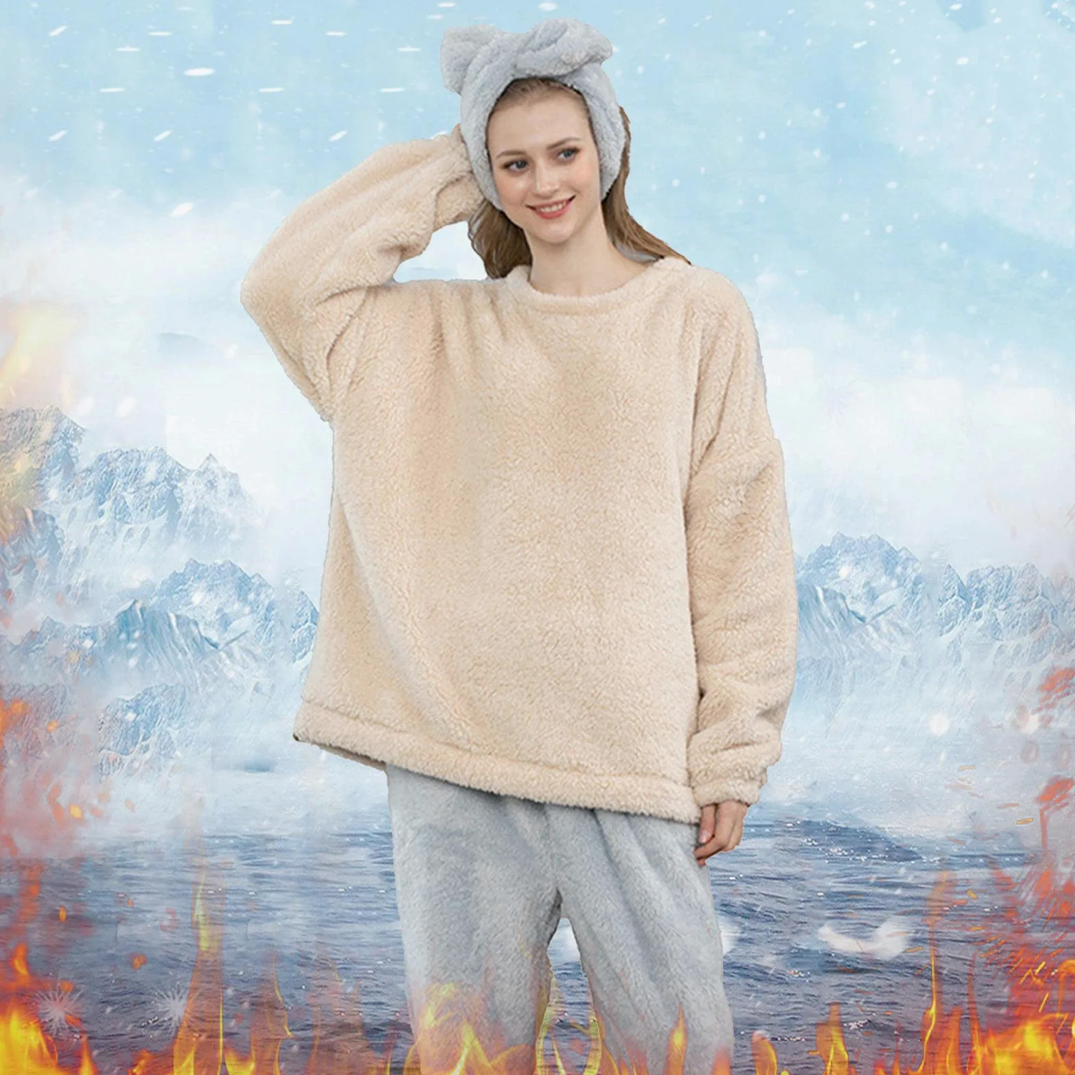CMBSSTFC Pijamas de invierno para mujer, de forro polar, cálido y acogedor, pijamas térmicos de dos piezas, pantalones largos y camisetas de pijama, traje de jogging, conjunto de pijama de gran tamaño